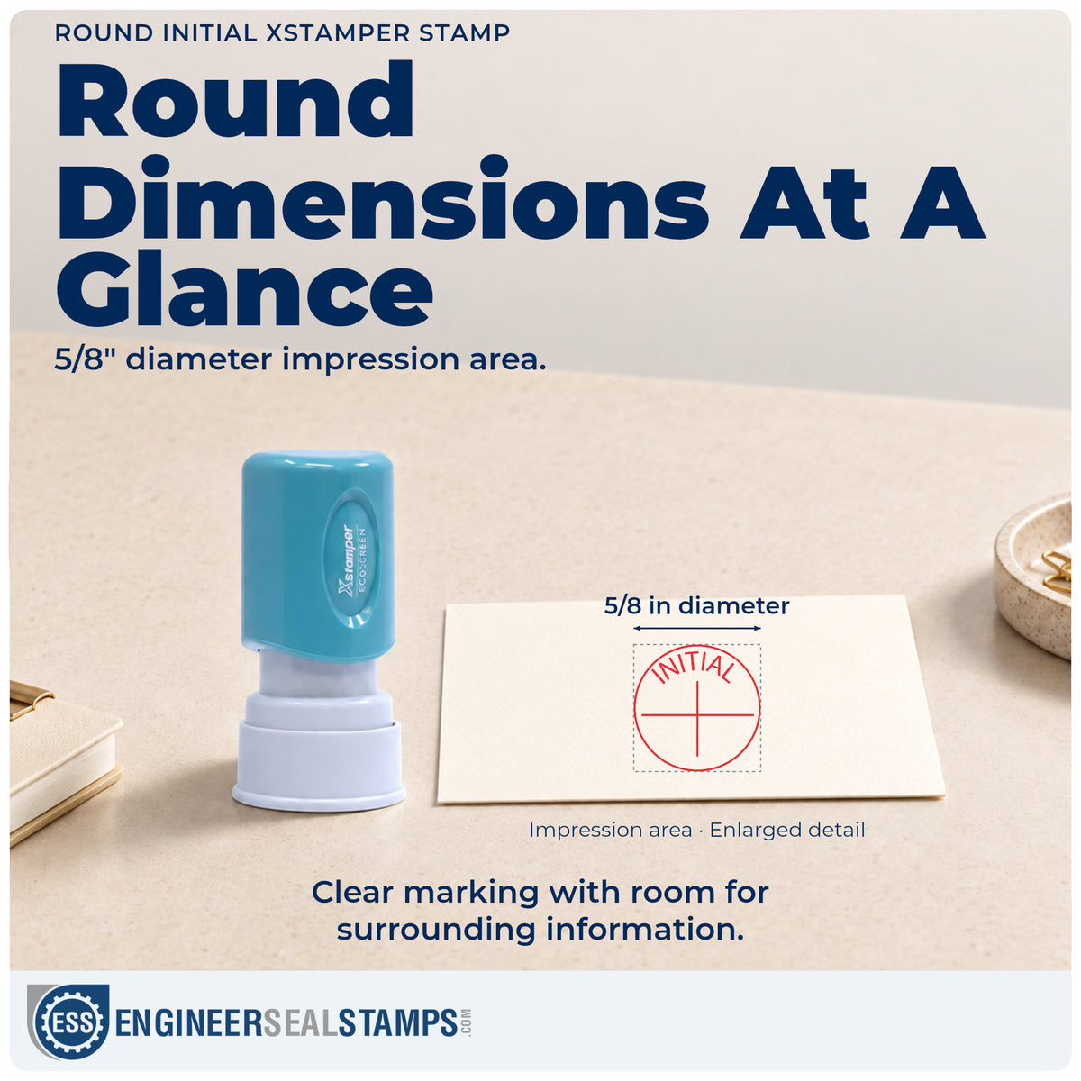 Impression size guide: the "Initial" imprint measures 5/8 in diameter