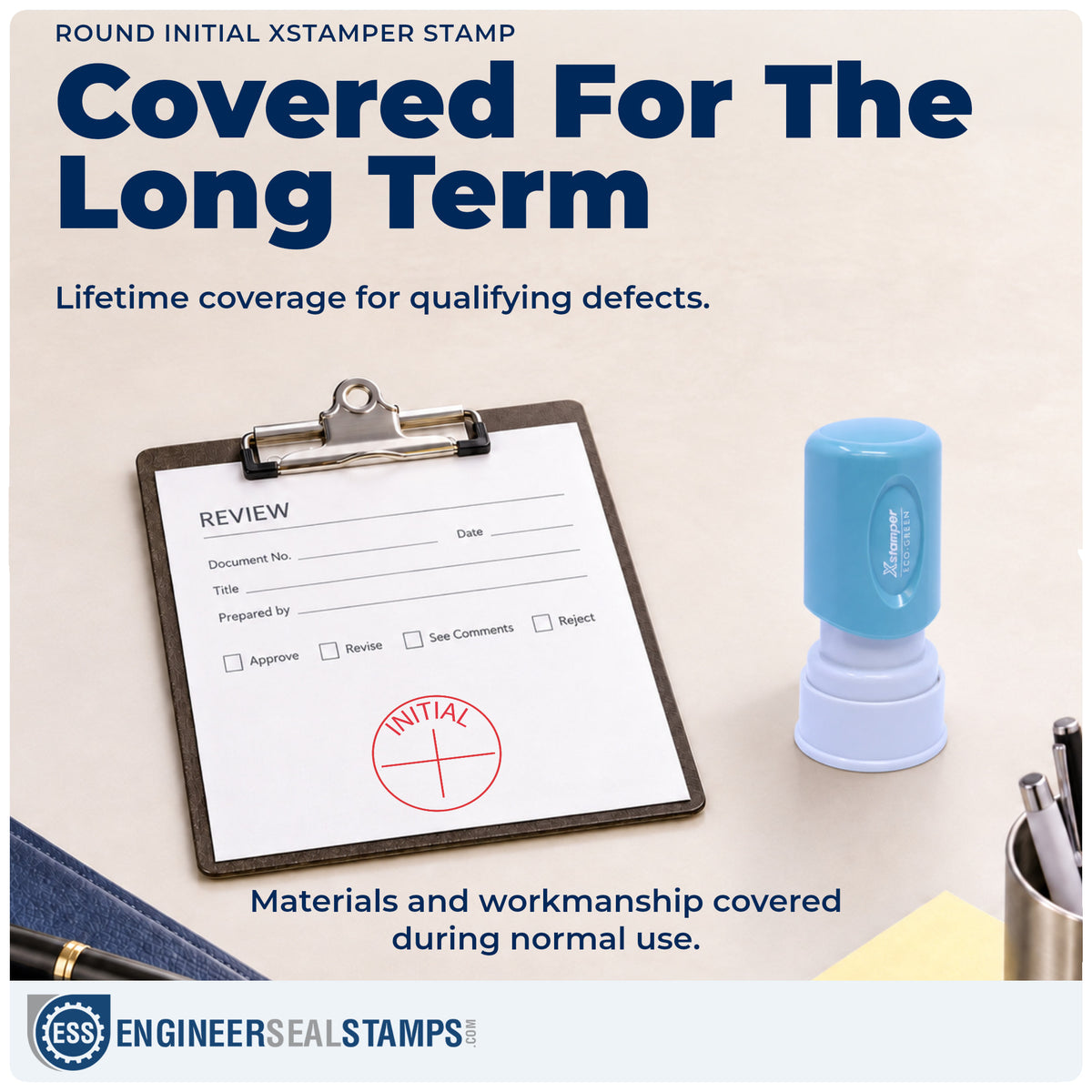 Lifetime guarantee coverage on the "Initial" Xstamper pre-inked stamp