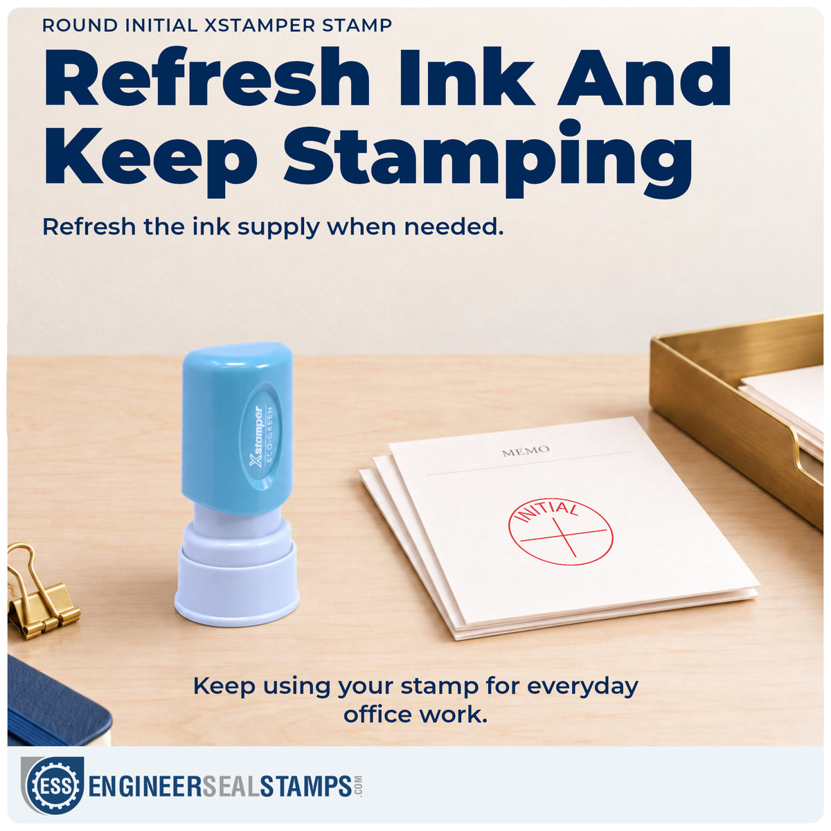 Re-inkable "Initial" stamp built for thousands of repeat impressions
