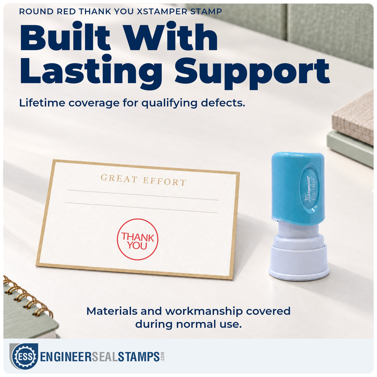 Lifetime guarantee coverage on the "Thank you" Xstamper pre-inked stamp