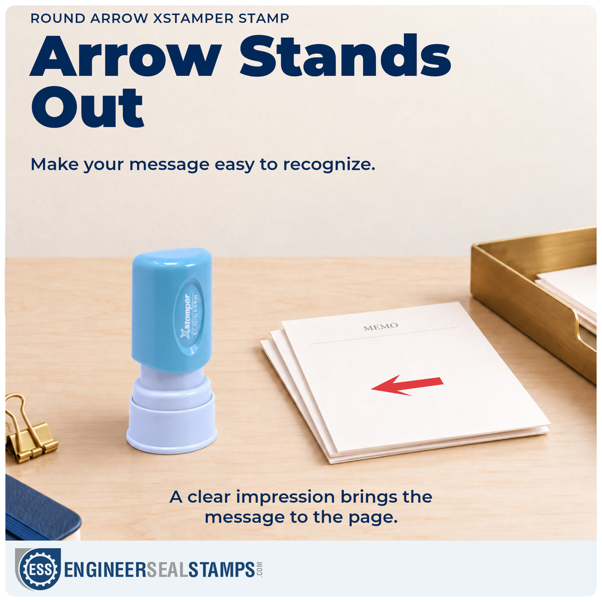 "Arrow" imprint on office paperwork beside the Round Arrow Stamp – Pre-Inked Xstamper