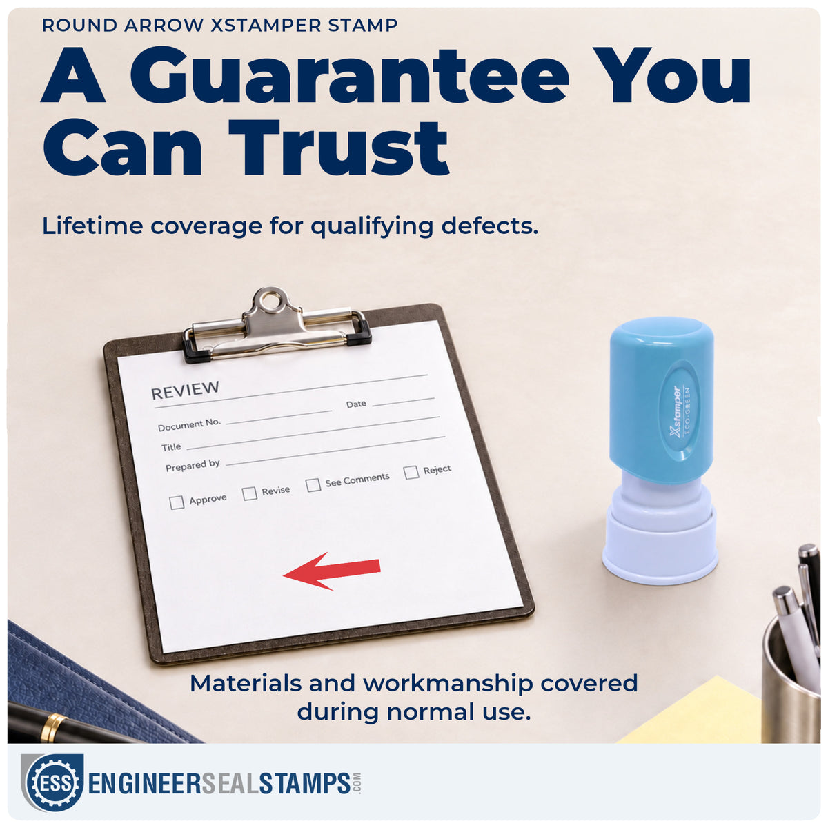 Lifetime guarantee coverage on the "Arrow" Xstamper pre-inked stamp