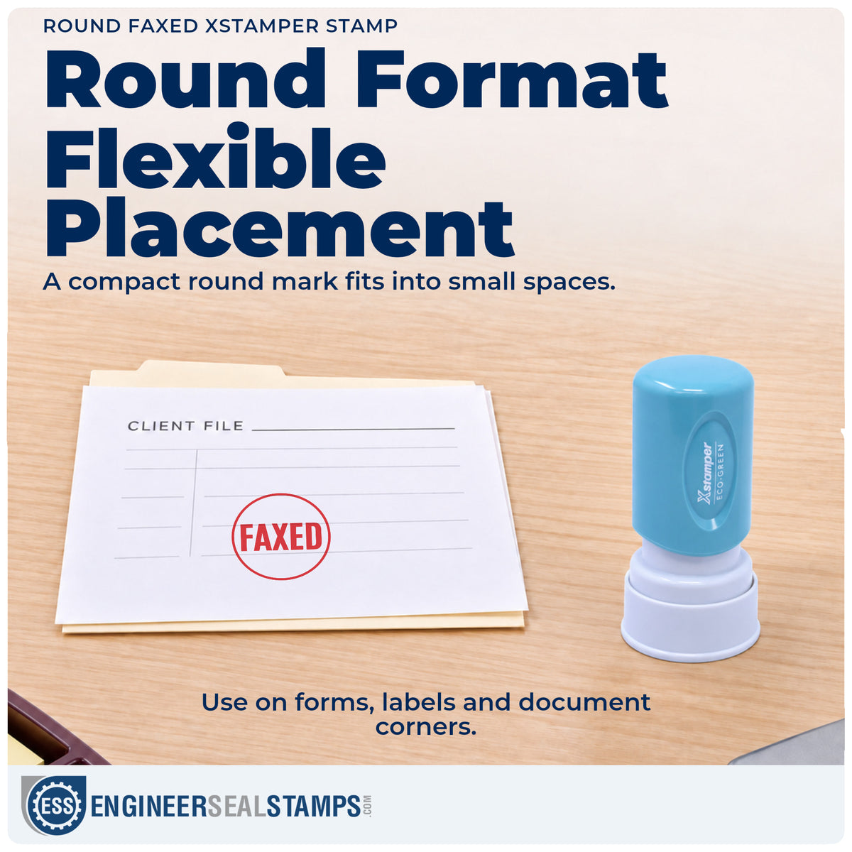 Features of the "Faxed" Xstamper No. 11409 pre-inked stamp