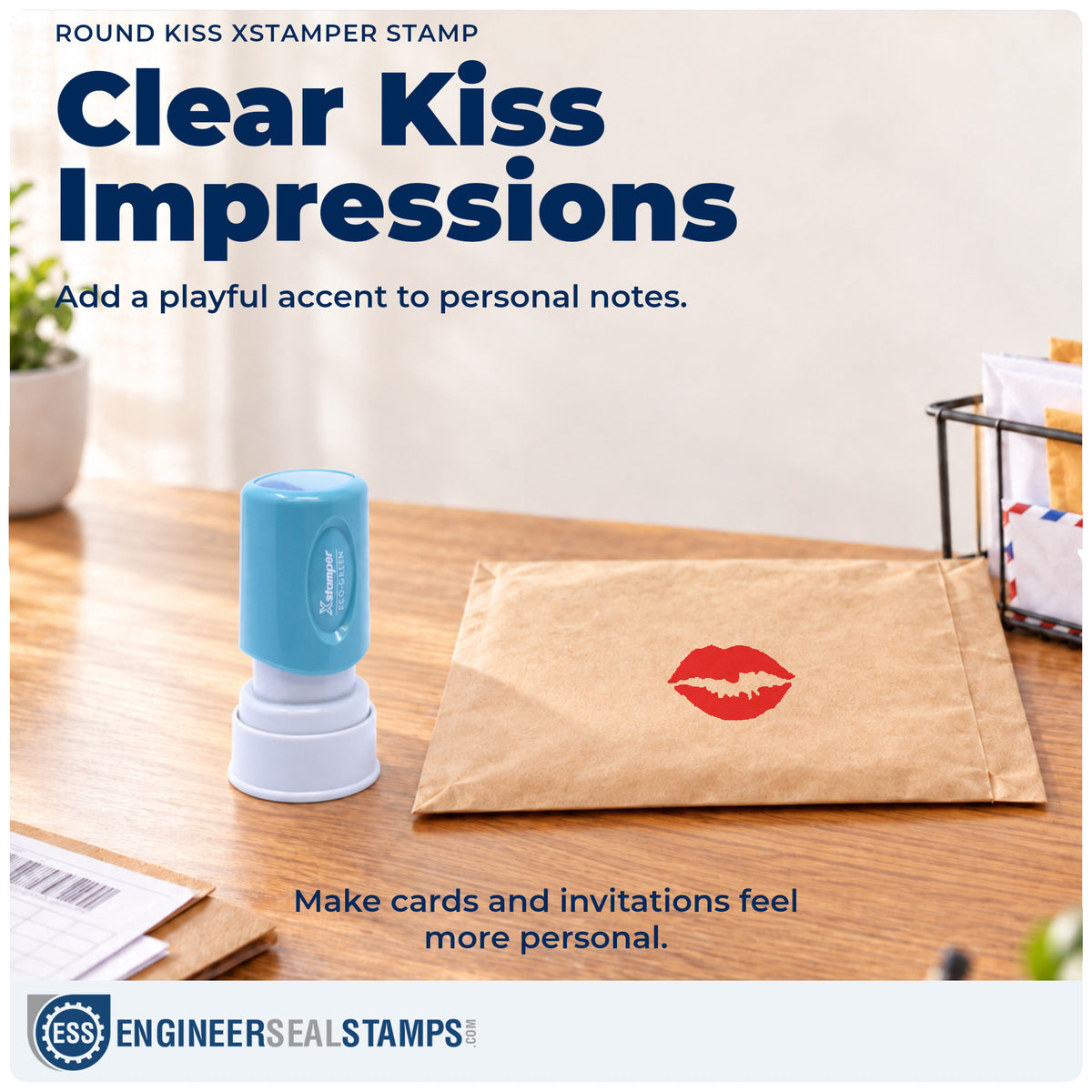 "Kiss" imprint on office paperwork beside the Xstamper Kiss Decorative Stamp – Round Pre-Inked