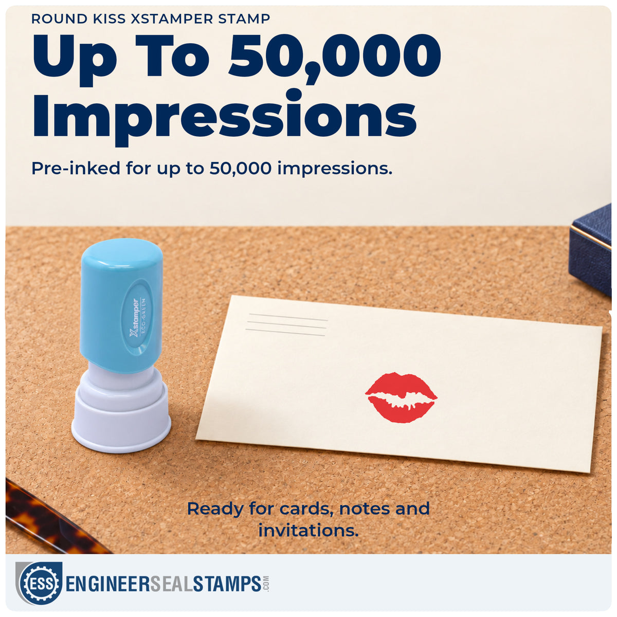Re-inkable "Kiss" stamp built for thousands of repeat impressions