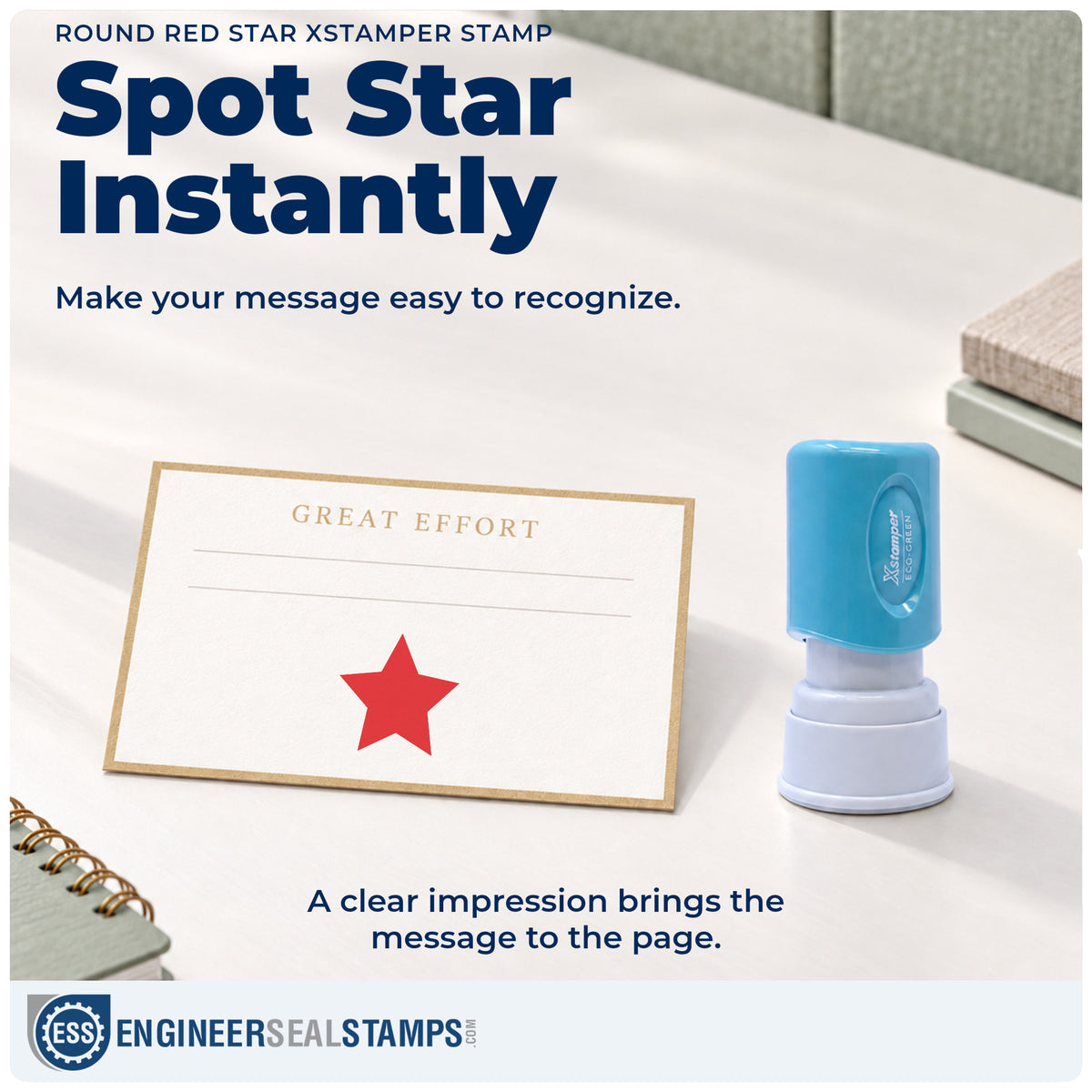 "Star" imprint on office paperwork beside the Round Red Star Teacher Stamp – Pre-Inked Xstamper
