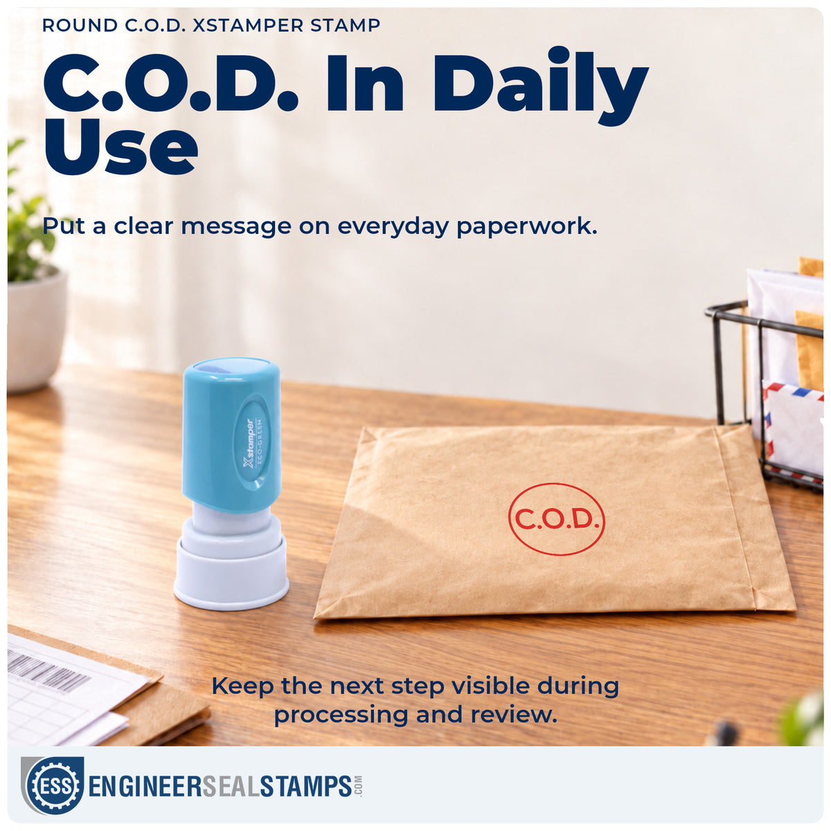 "C.O.D." stamp being pressed onto a document during everyday filing