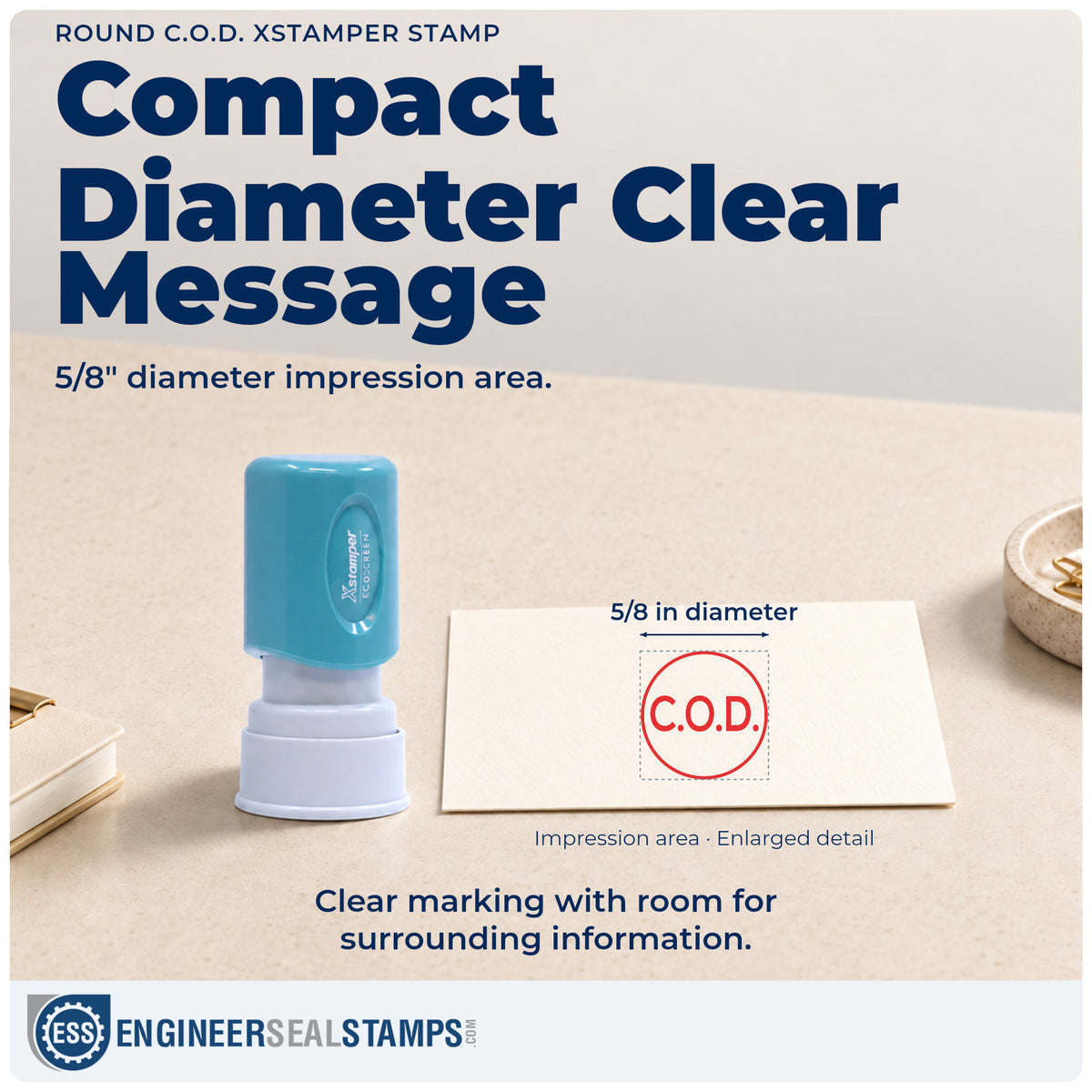 Impression size guide: the "C.O.D." imprint measures Approximately 5/8 in diameter