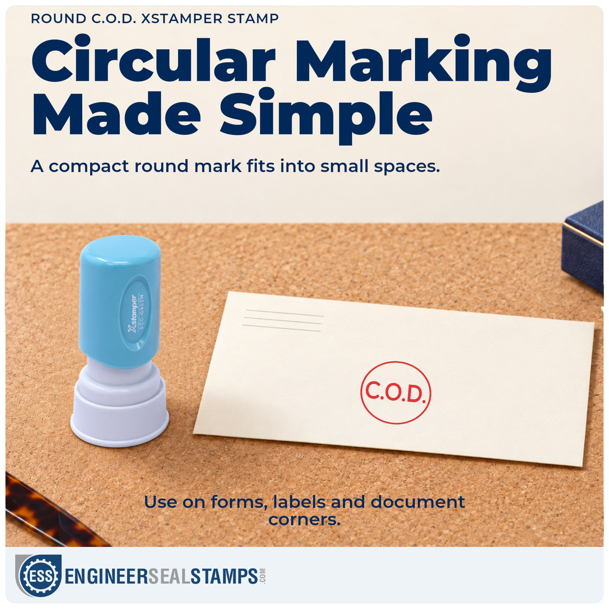 Features of the "C.O.D." Xstamper No. 11406 pre-inked stamp
