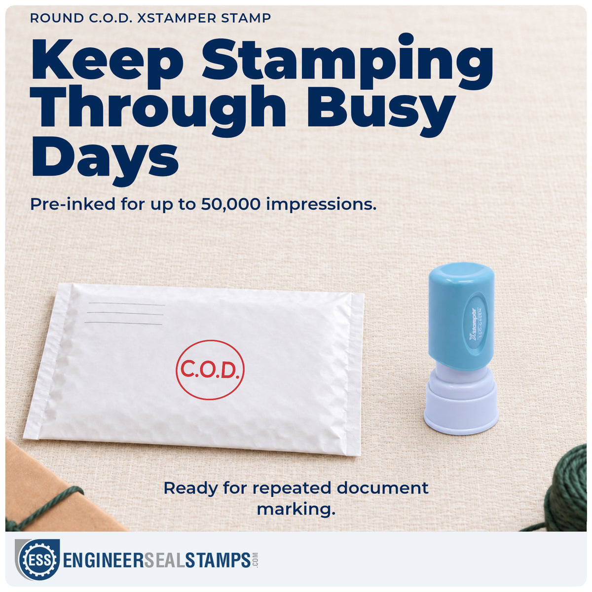 Re-inkable "C.O.D." stamp built for thousands of repeat impressions