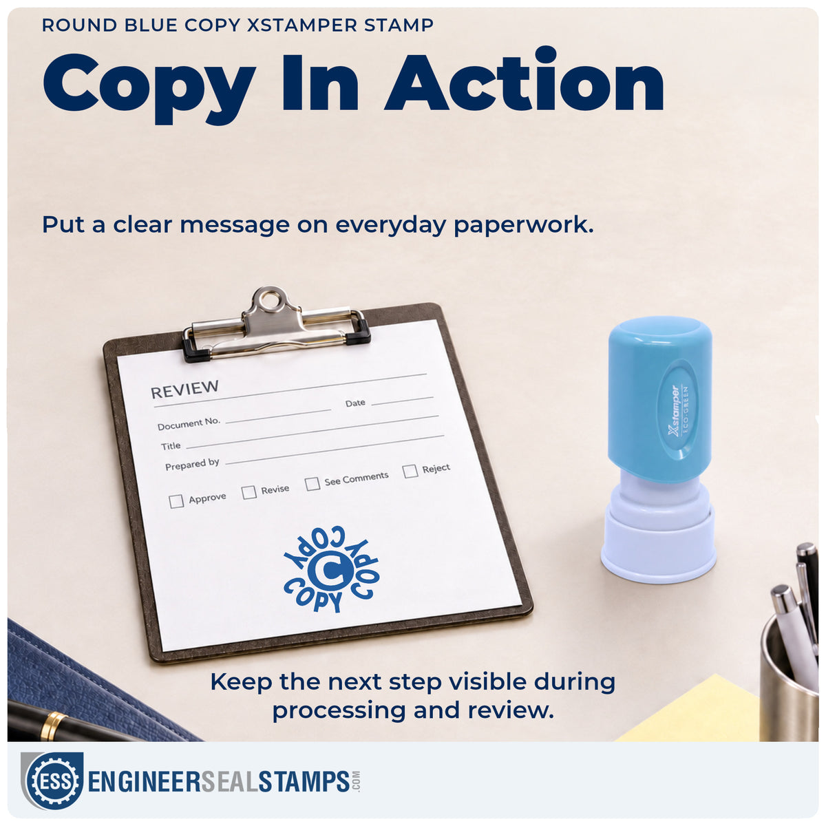 "Copy" stamp being pressed onto a document during everyday filing