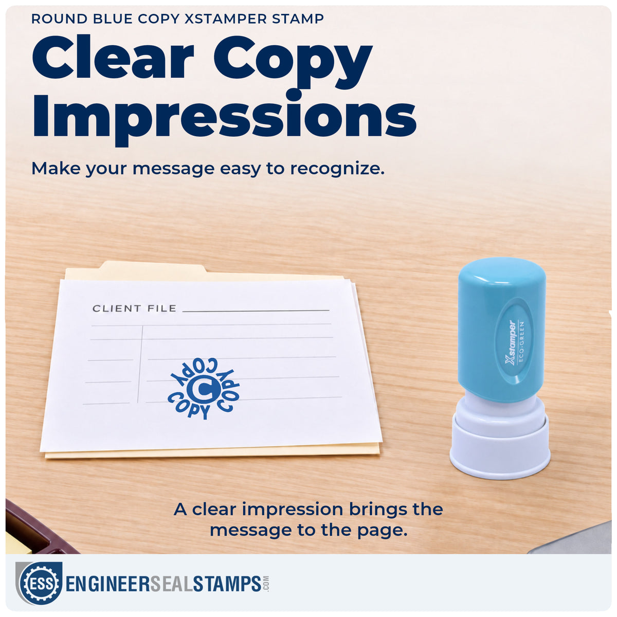 "Copy" imprint on office paperwork beside the Copy Stamp – Round Blue Pre-Inked Xstamper
