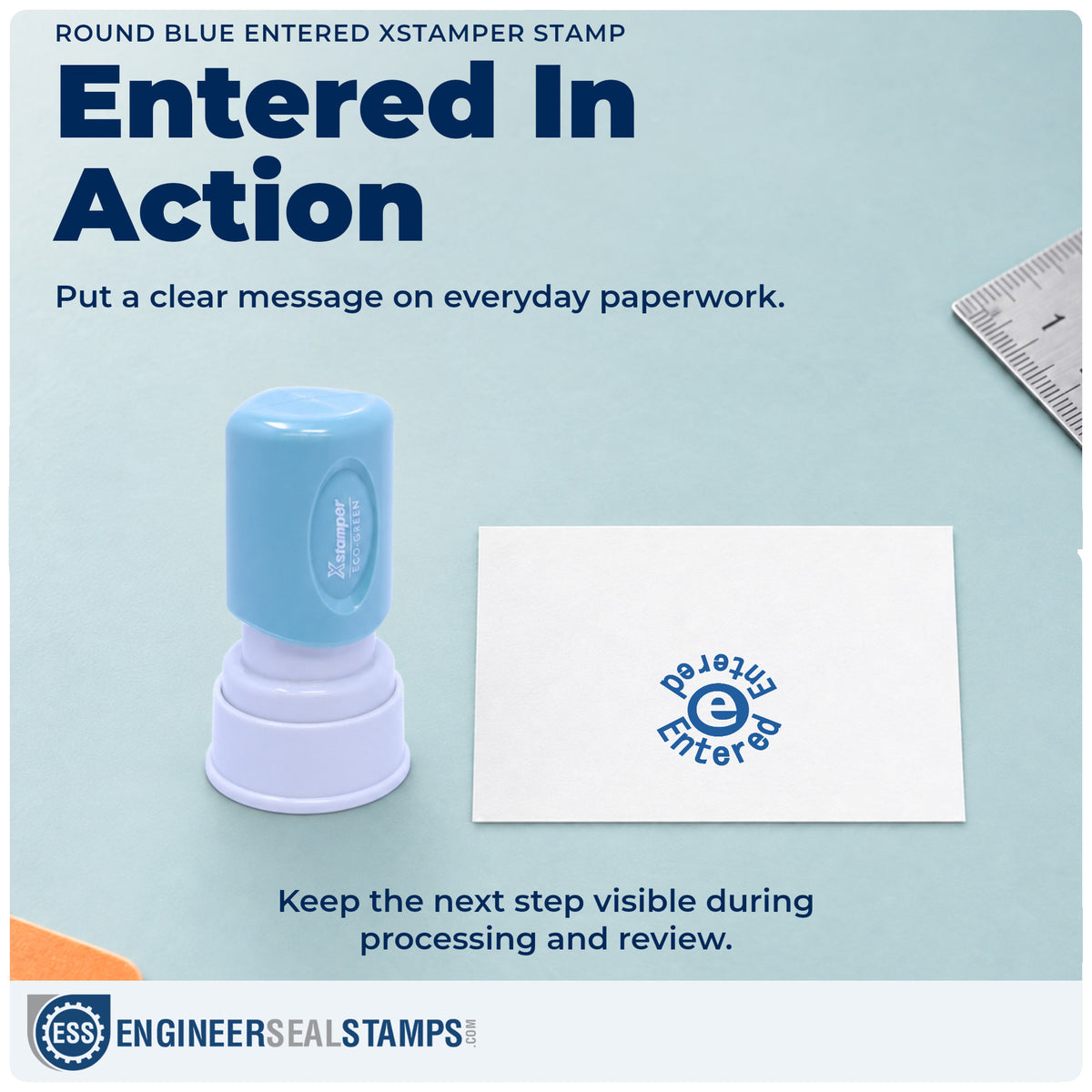 "Entered" stamp being pressed onto a document during everyday filing