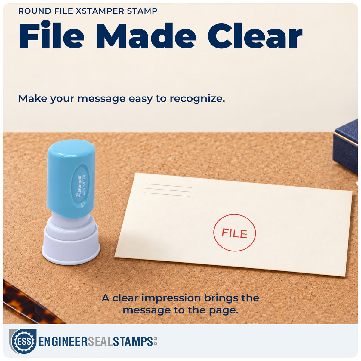 "File" imprint on office paperwork beside the File Stamp – Round Pre-Inked Xstamper