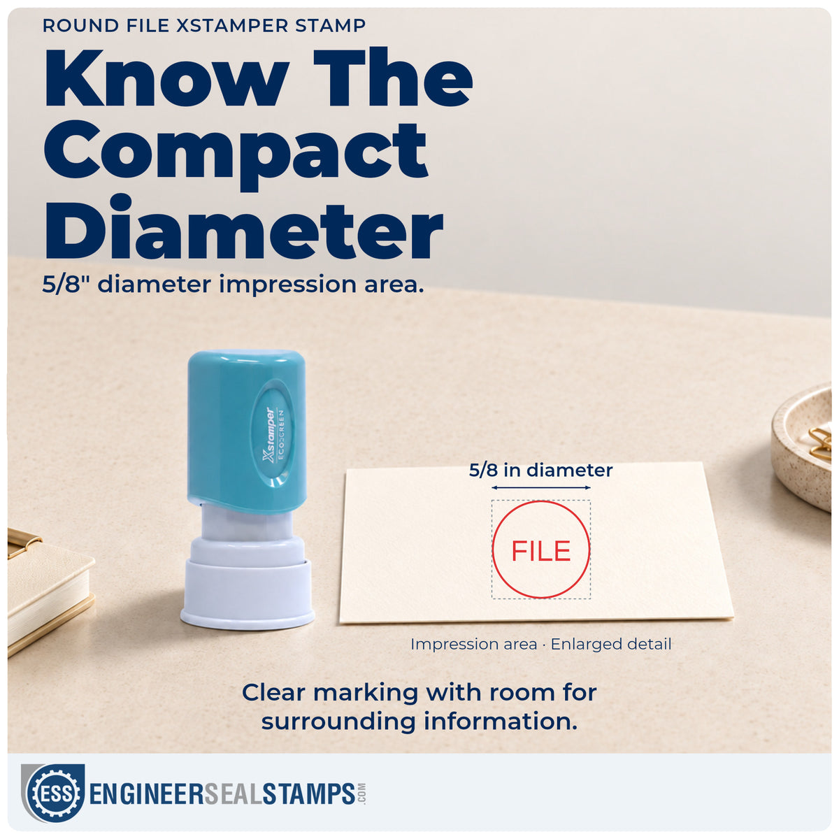 Impression size guide: the "File" imprint measures 5/8 in diameter