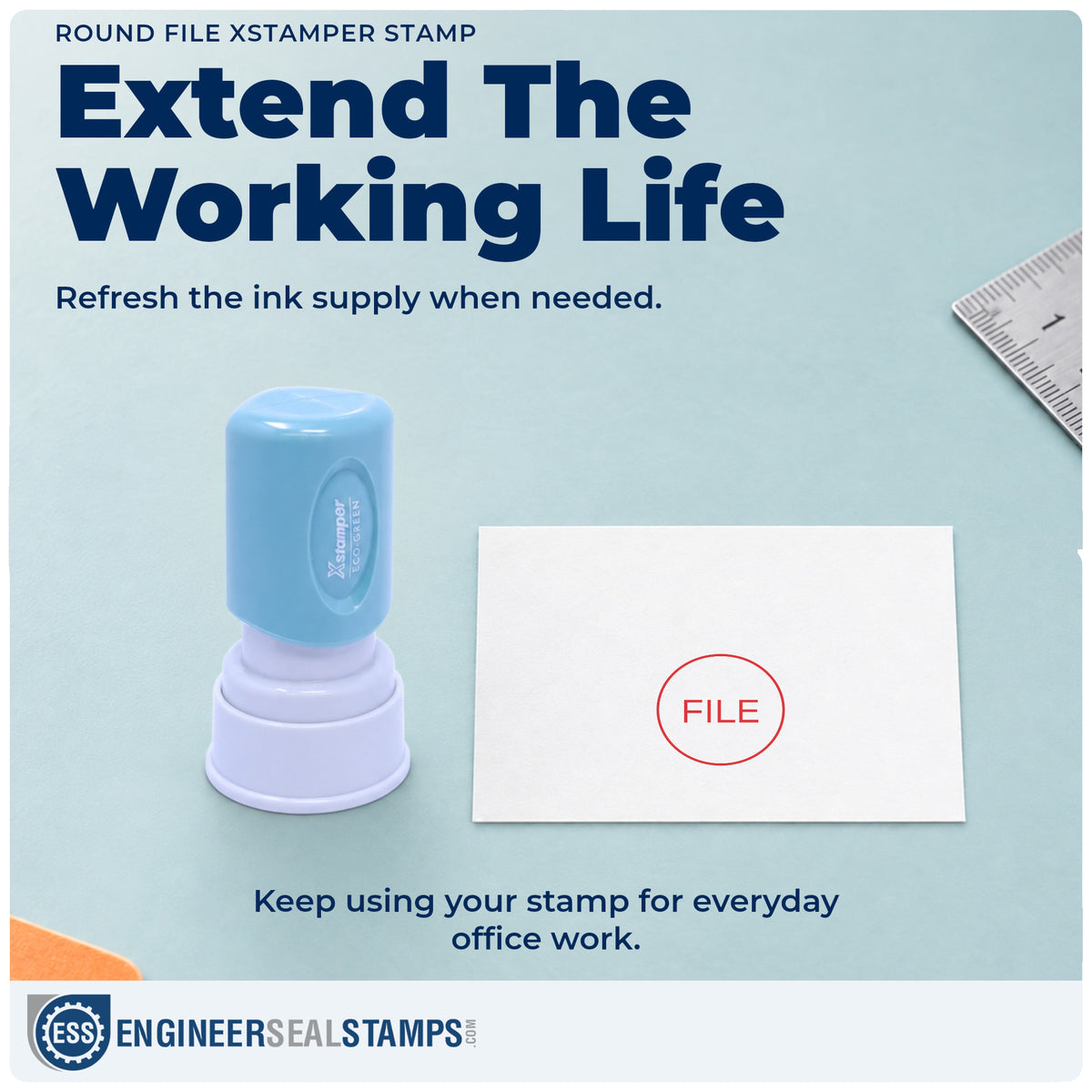 Re-inkable "File" stamp built for thousands of repeat impressions