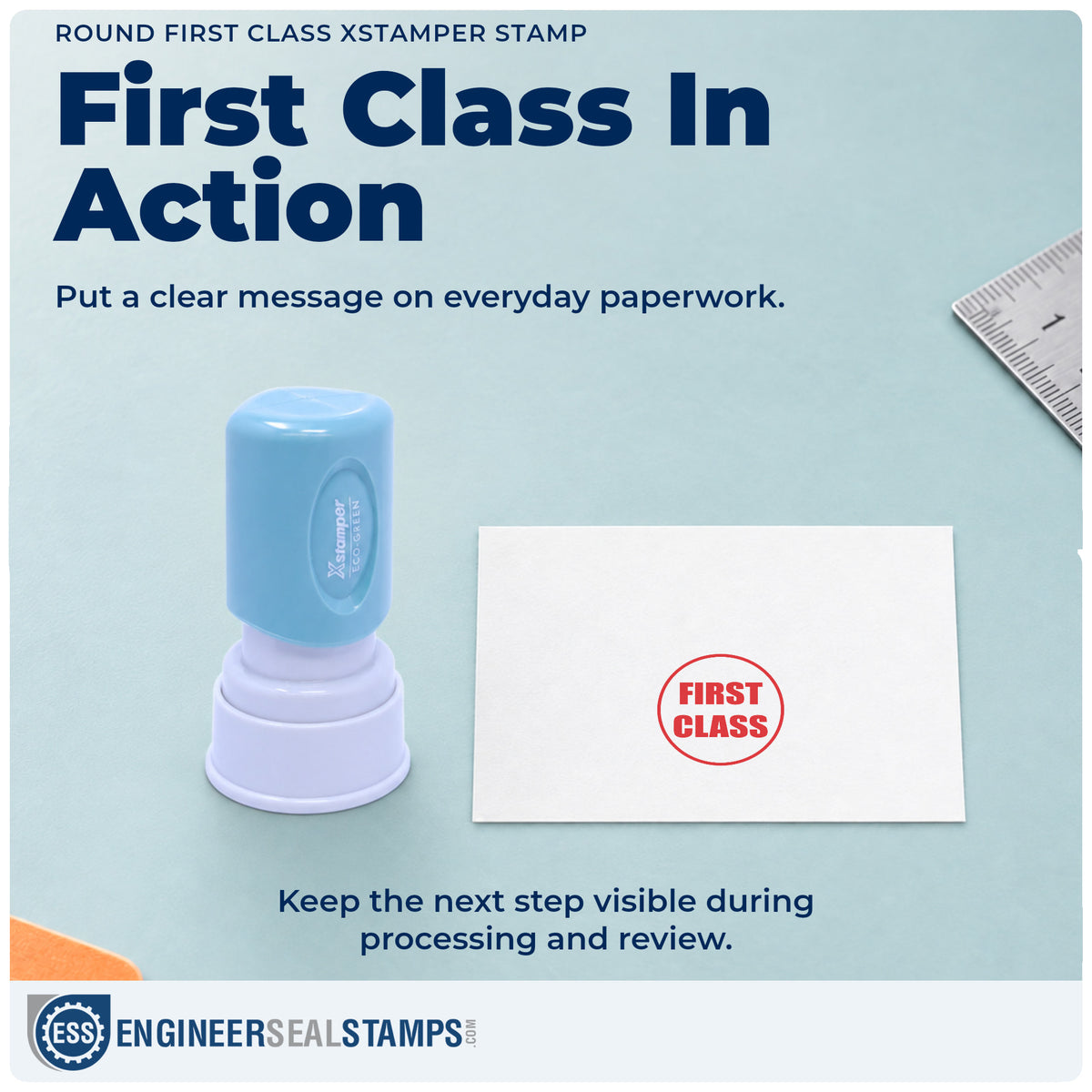 "First class" stamp being pressed onto a document during everyday filing