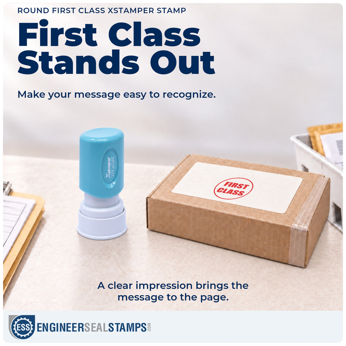 "First class" imprint on office paperwork beside the Round First Class Document Stamp – Pre-Inked Xstamper