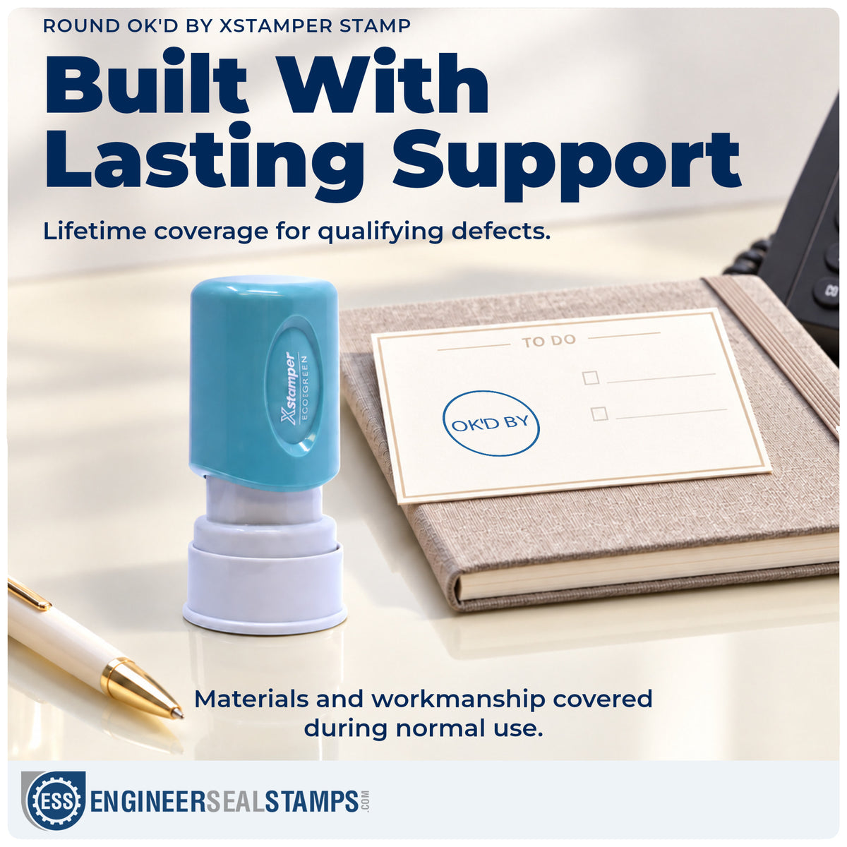 Lifetime guarantee coverage on the "OK'd by" Xstamper pre-inked stamp