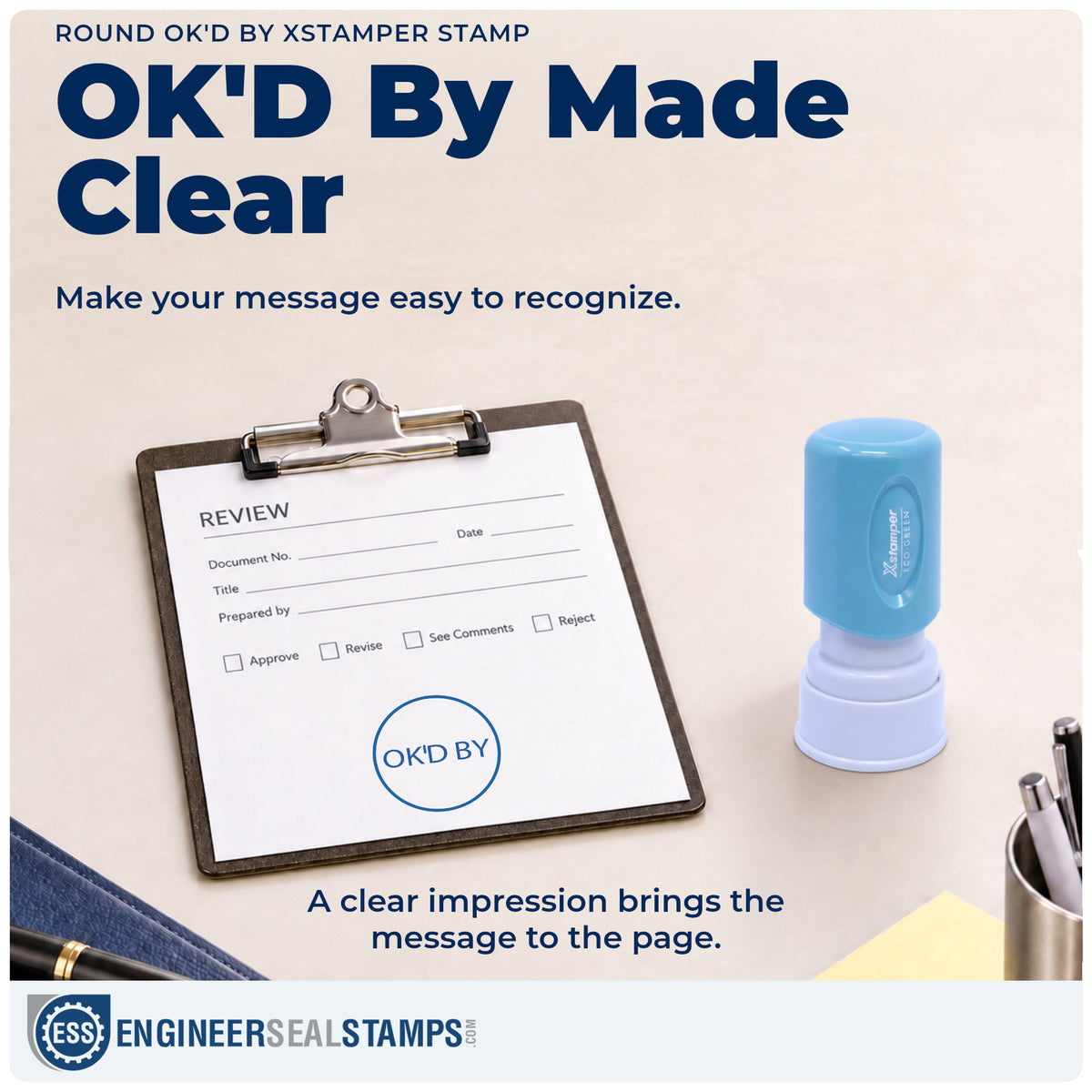 "OK'd by" imprint on office paperwork beside the Round OK'd By Stamp – Pre-Inked Xstamper
