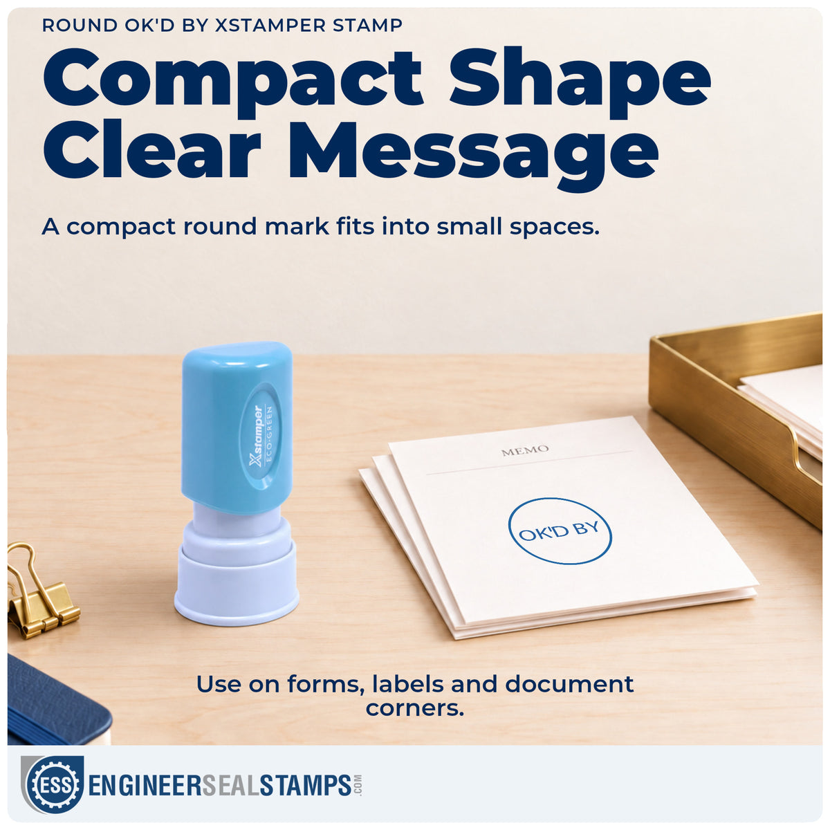 Features of the "OK'd by" Xstamper No. 11358 pre-inked stamp