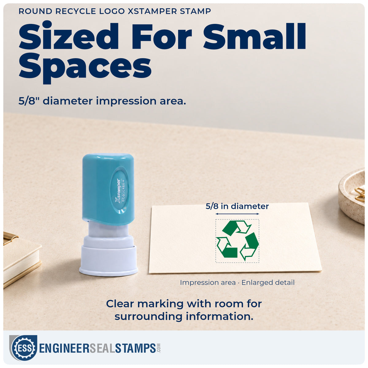 Impression size guide: the "Recycle logo" imprint measures Approximately 5/8 in diameter