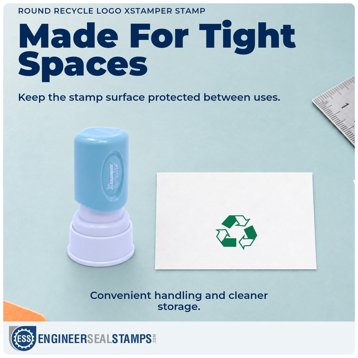 Features of the "Recycle logo" Xstamper No. 11417 pre-inked stamp