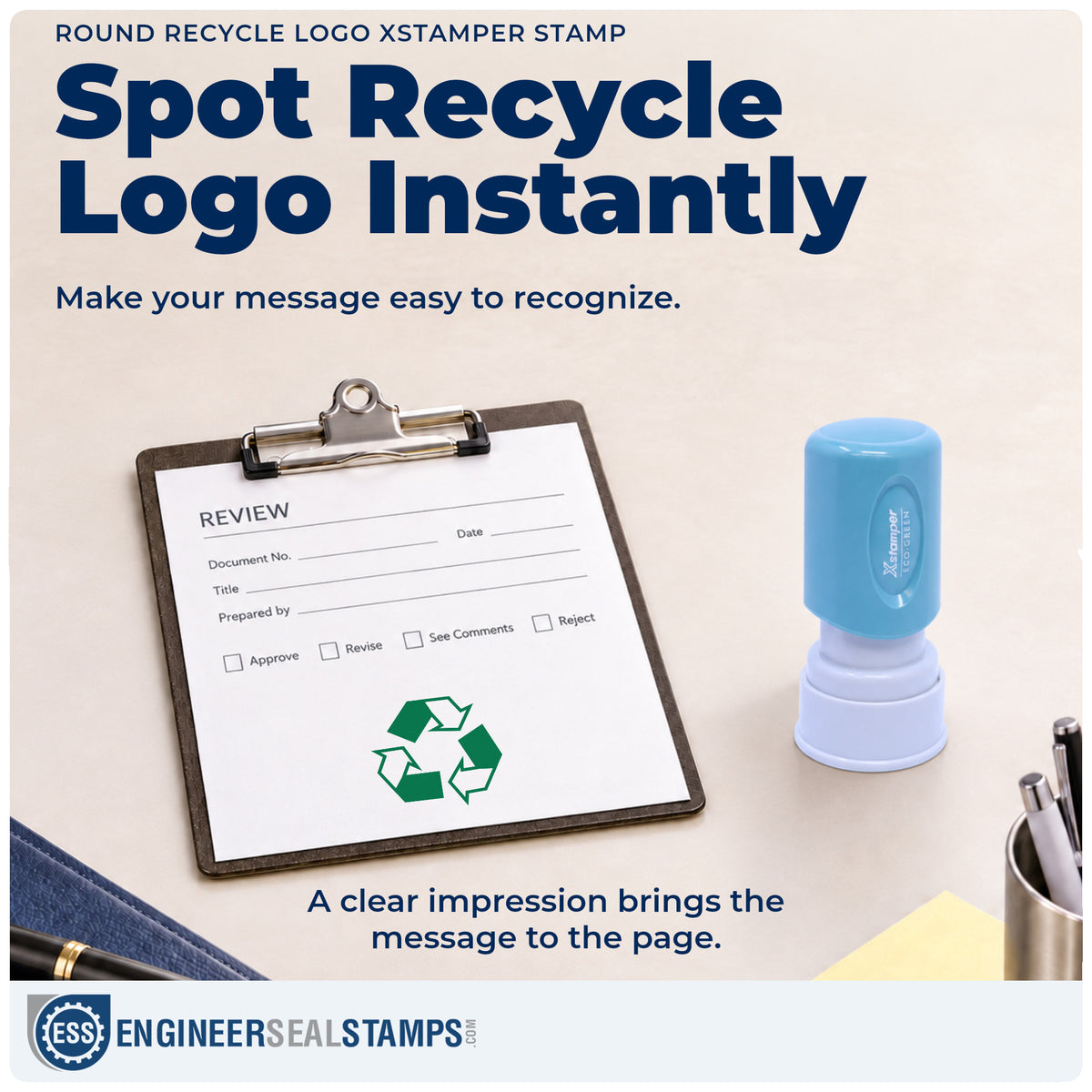 "Recycle logo" imprint on office paperwork beside the Recycle Logo Stamp For Recycling Labels – Round Pre-Inked Xstamper