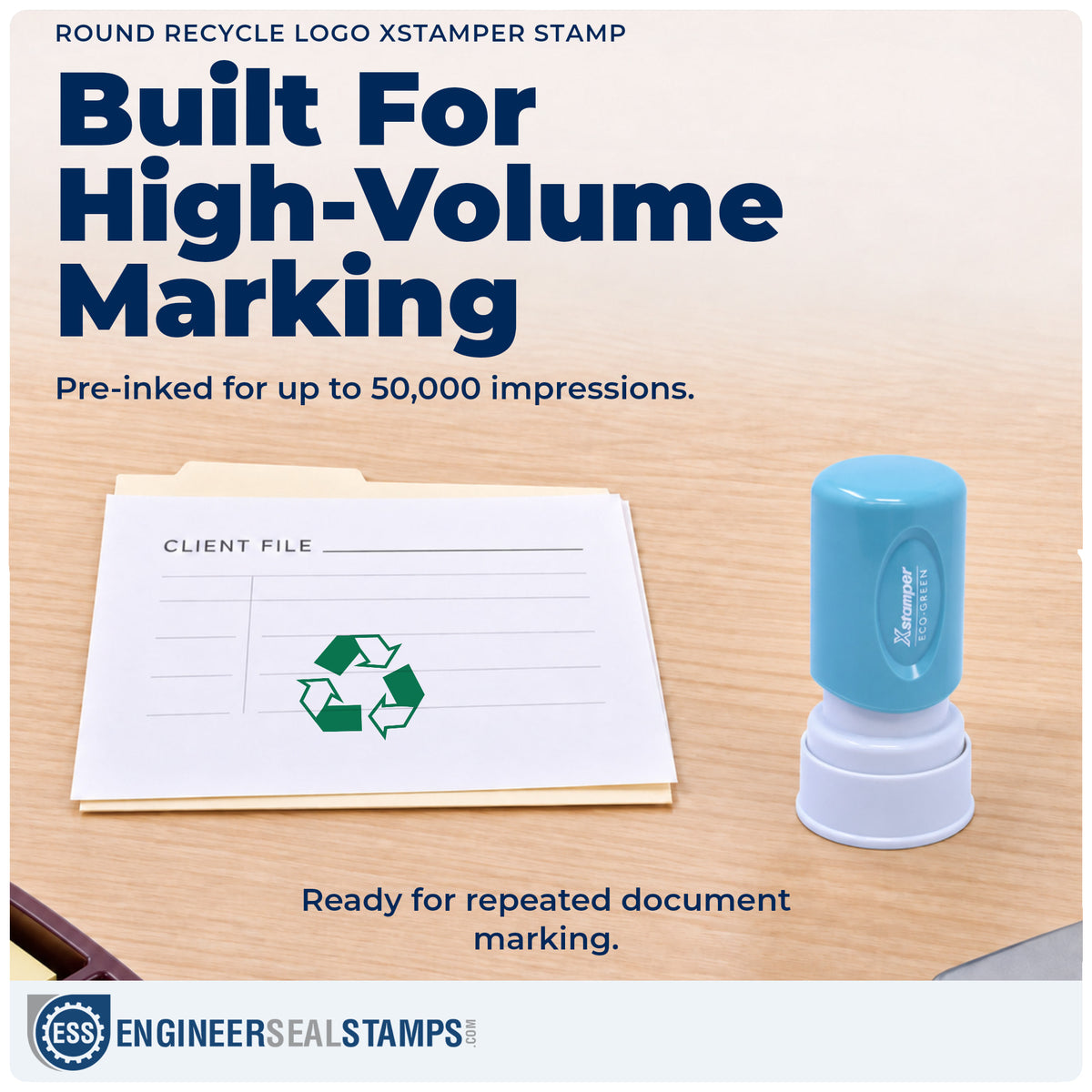Re-inkable "Recycle logo" stamp built for thousands of repeat impressions