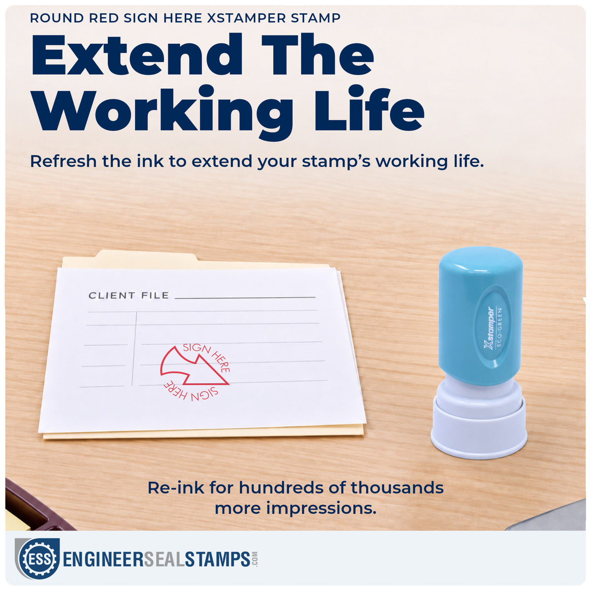 Re-inkable "Sign here" stamp built for thousands of repeat impressions