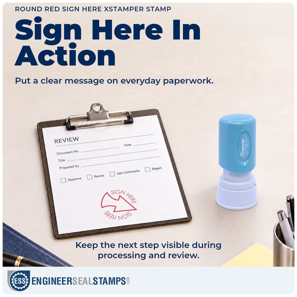 "Sign here" stamp being pressed onto a document during everyday filing