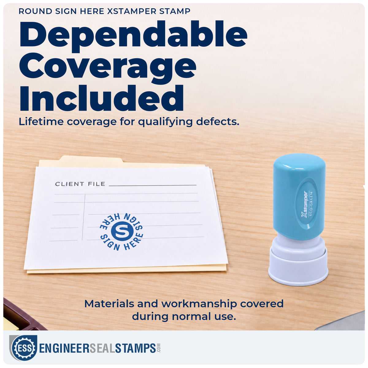 Lifetime guarantee coverage on the "Sign here" Xstamper pre-inked stamp