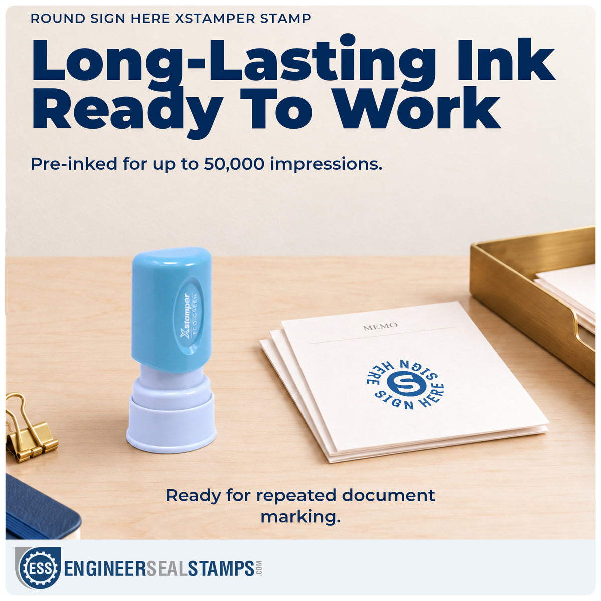Re-inkable "Sign here" stamp built for thousands of repeat impressions
