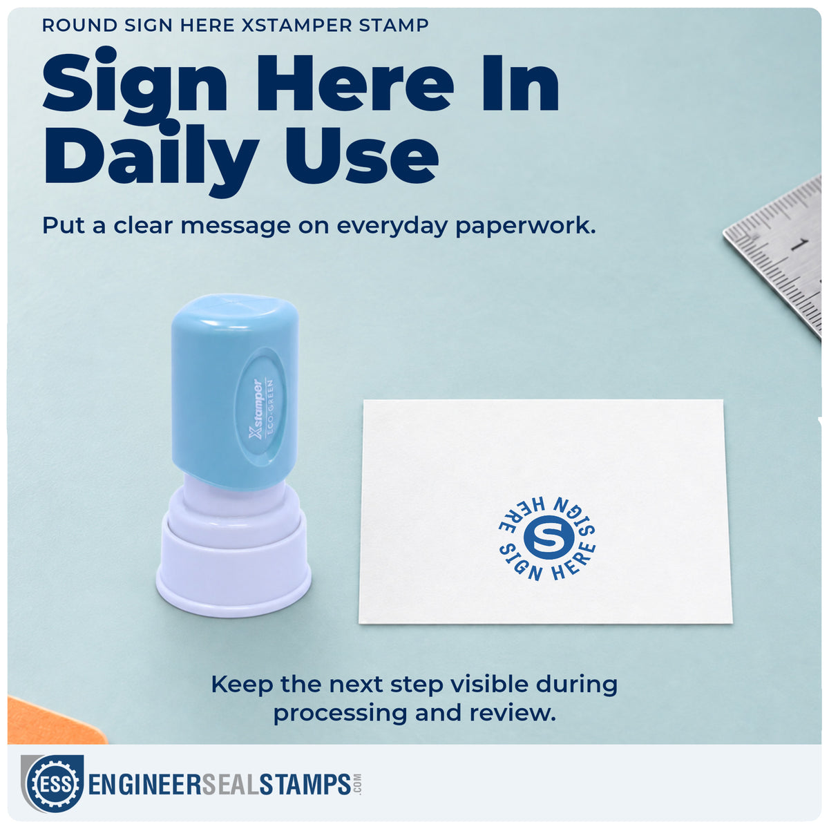 "Sign here" stamp being pressed onto a document during everyday filing