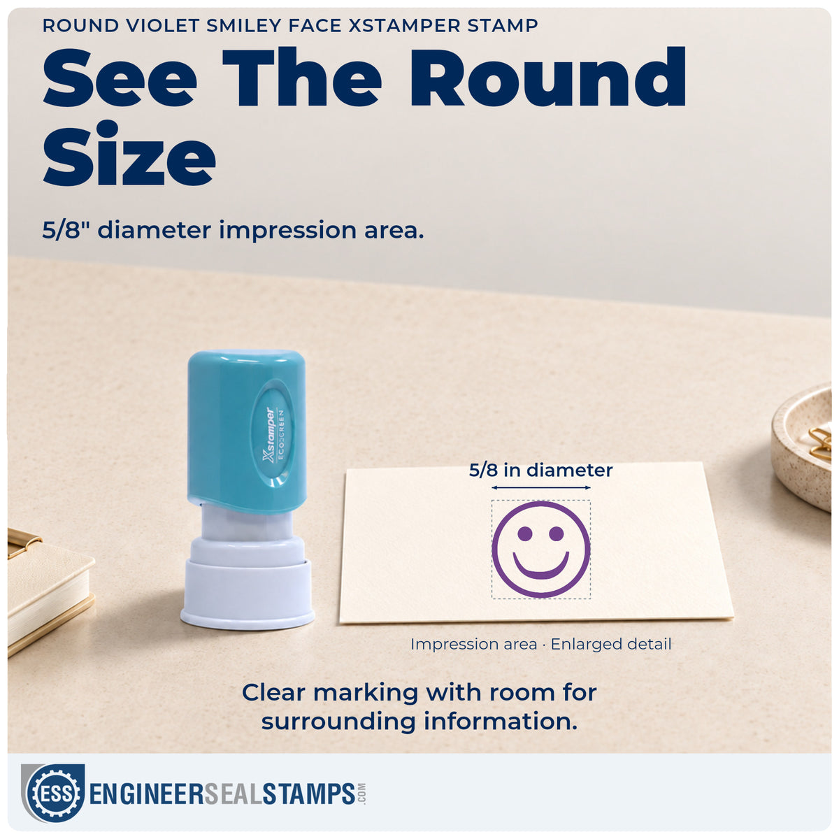 Impression size guide: the "Smiley face" imprint measures 5/8 in diameter