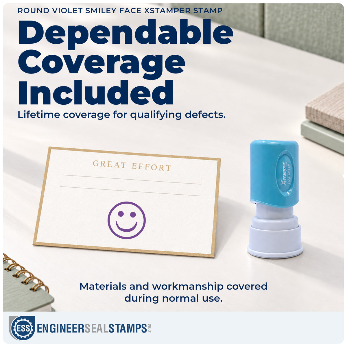 Lifetime guarantee coverage on the "Smiley face" Xstamper pre-inked stamp