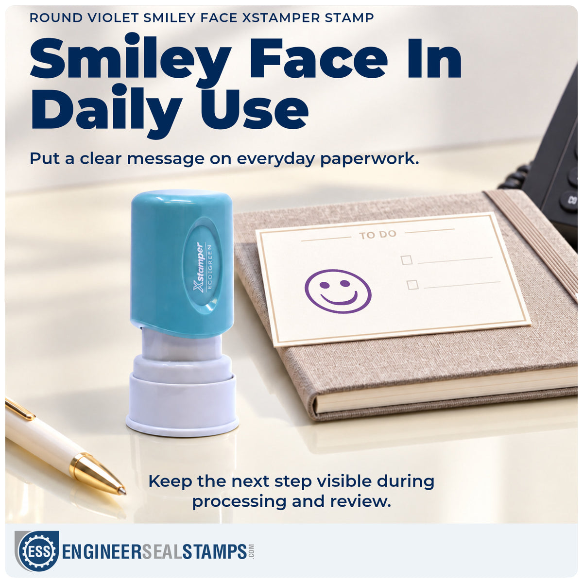 "Smiley face" stamp being pressed onto a document during everyday filing