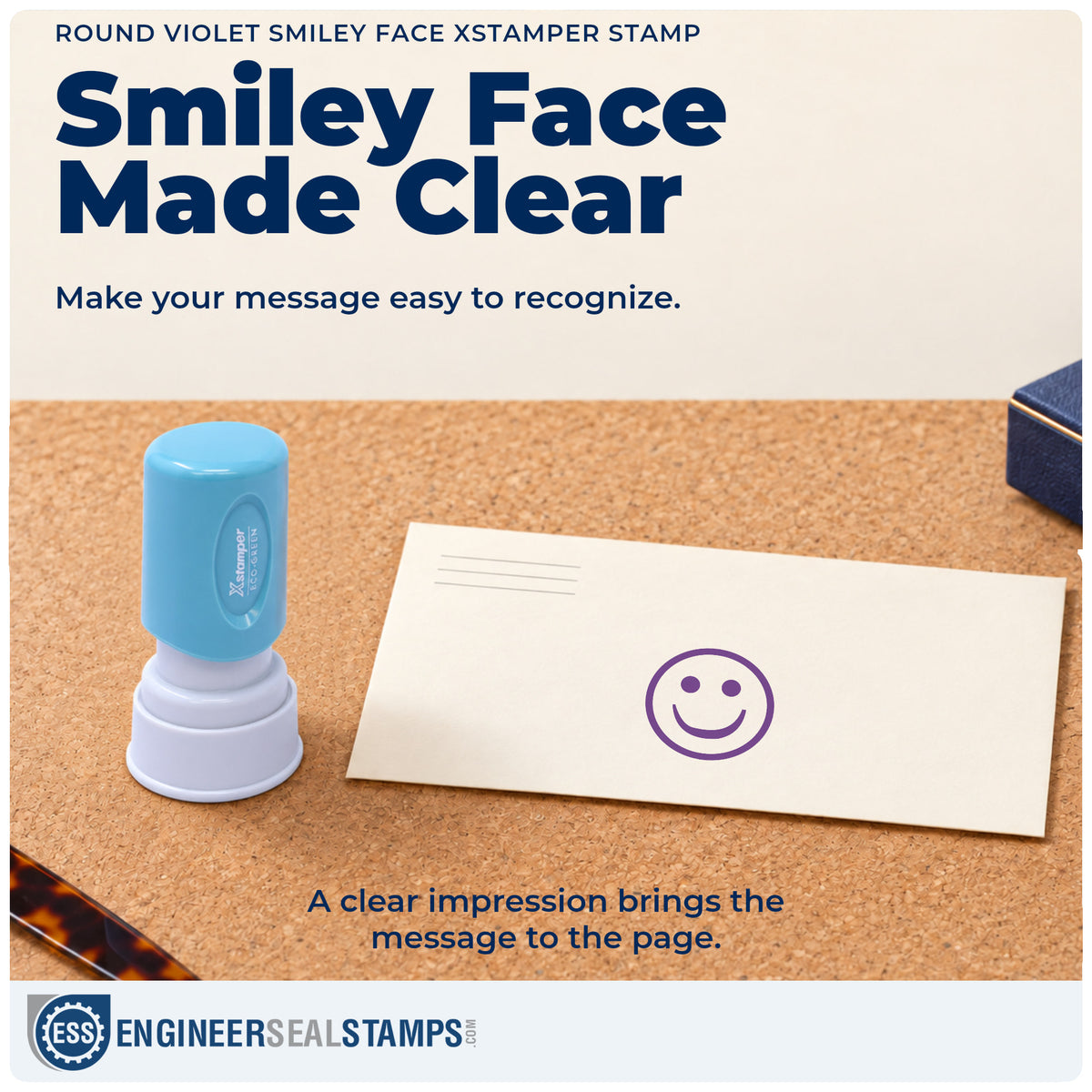 "Smiley face" imprint on office paperwork beside the Smiley Face Stamp For Schoolwork – Round Violet Pre-Inked Xstamper