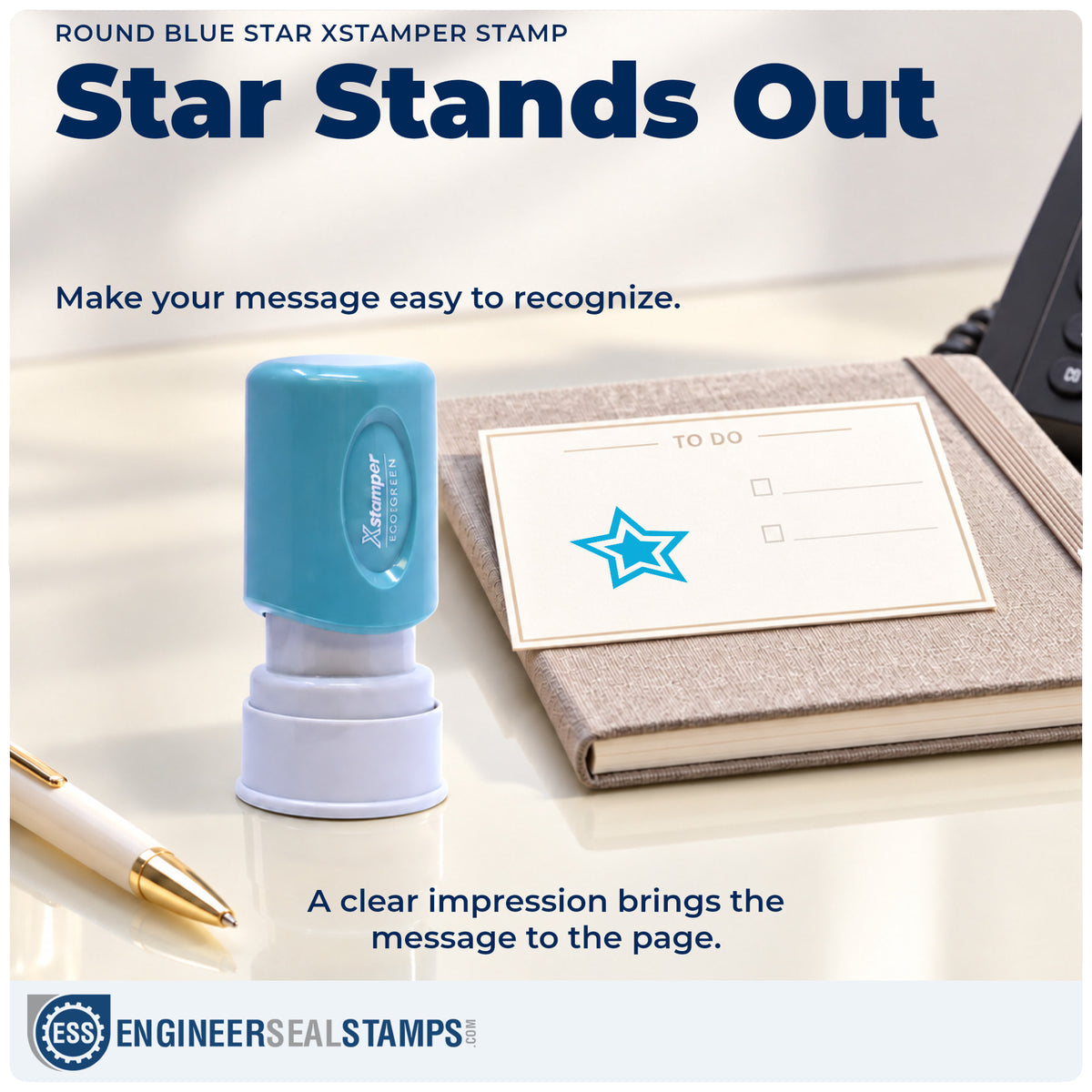 "Star" imprint on office paperwork beside the Round Blue Star Reward Stamp – Pre-Inked Xstamper
