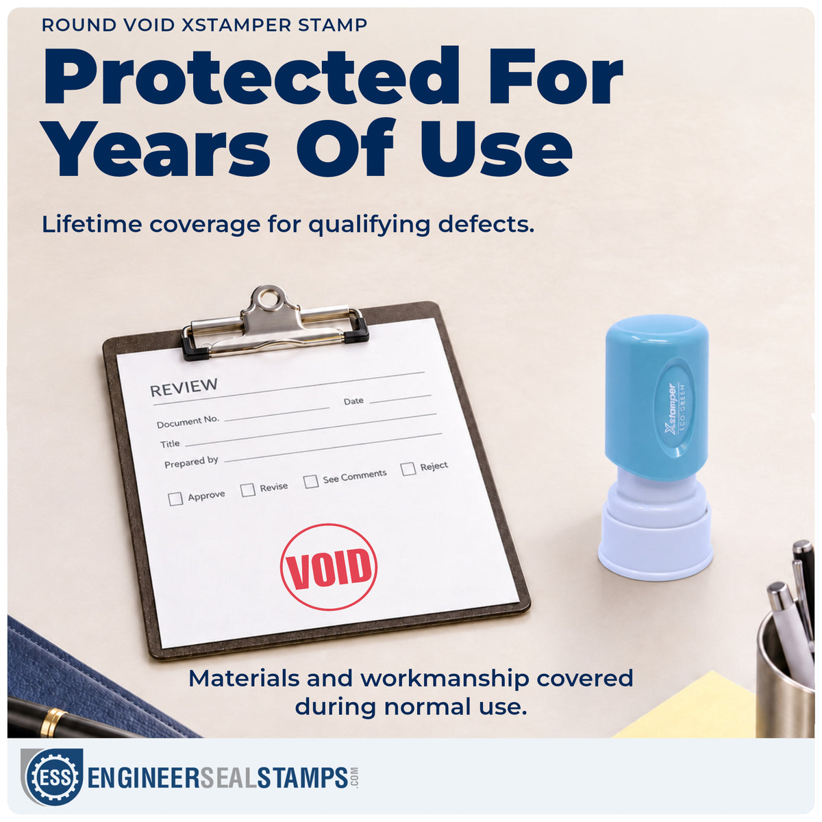 Lifetime guarantee coverage on the "Void" Xstamper pre-inked stamp
