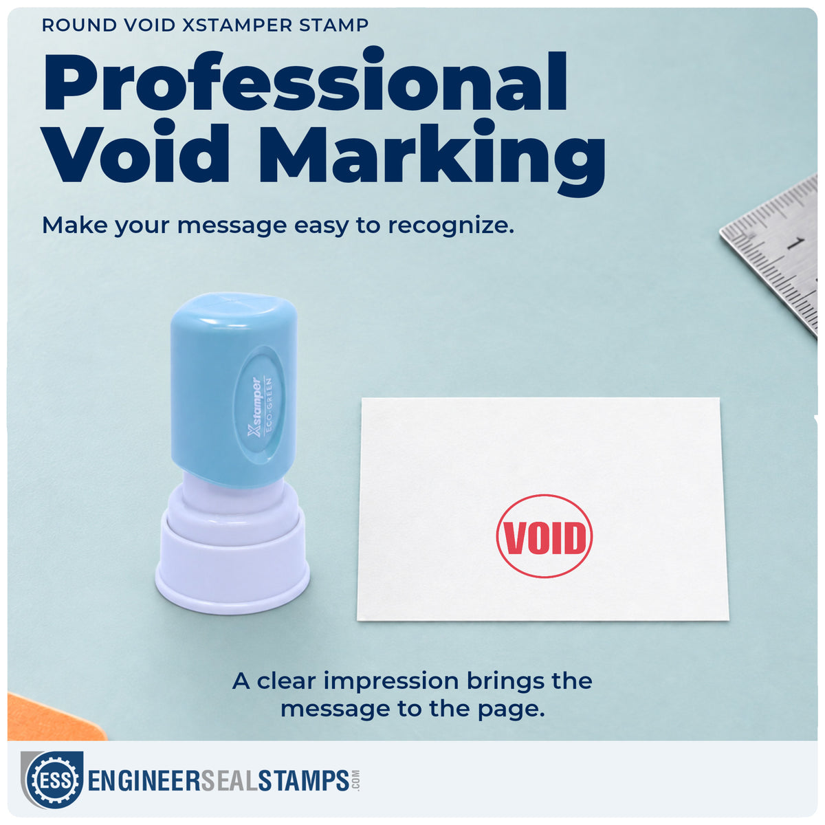 "Void" imprint on office paperwork beside the Void Stamp – Round Pre-Inked Xstamper