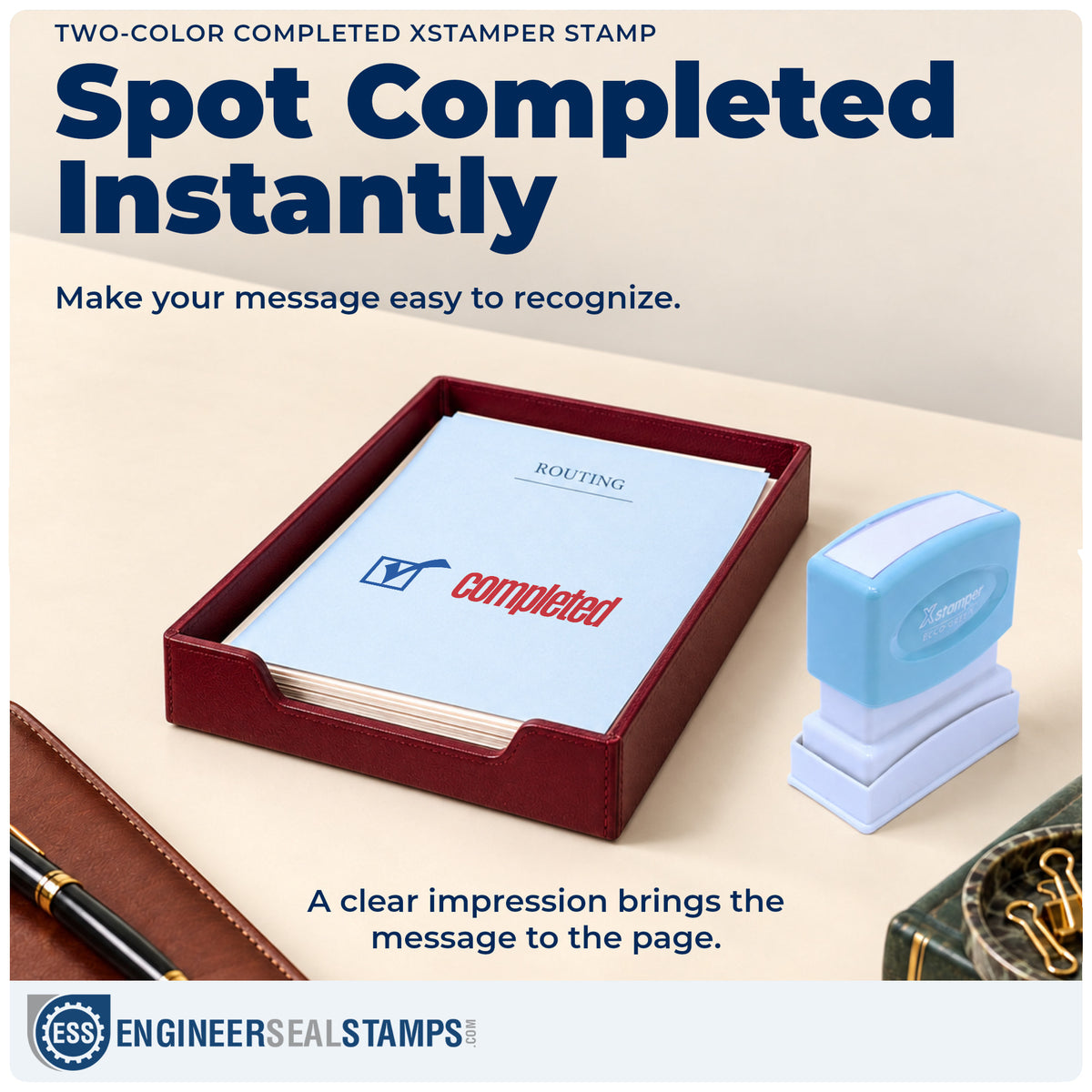 "Completed" imprint on office paperwork beside the Completed Office Stamp – Two-Color Pre-Inked Xstamper