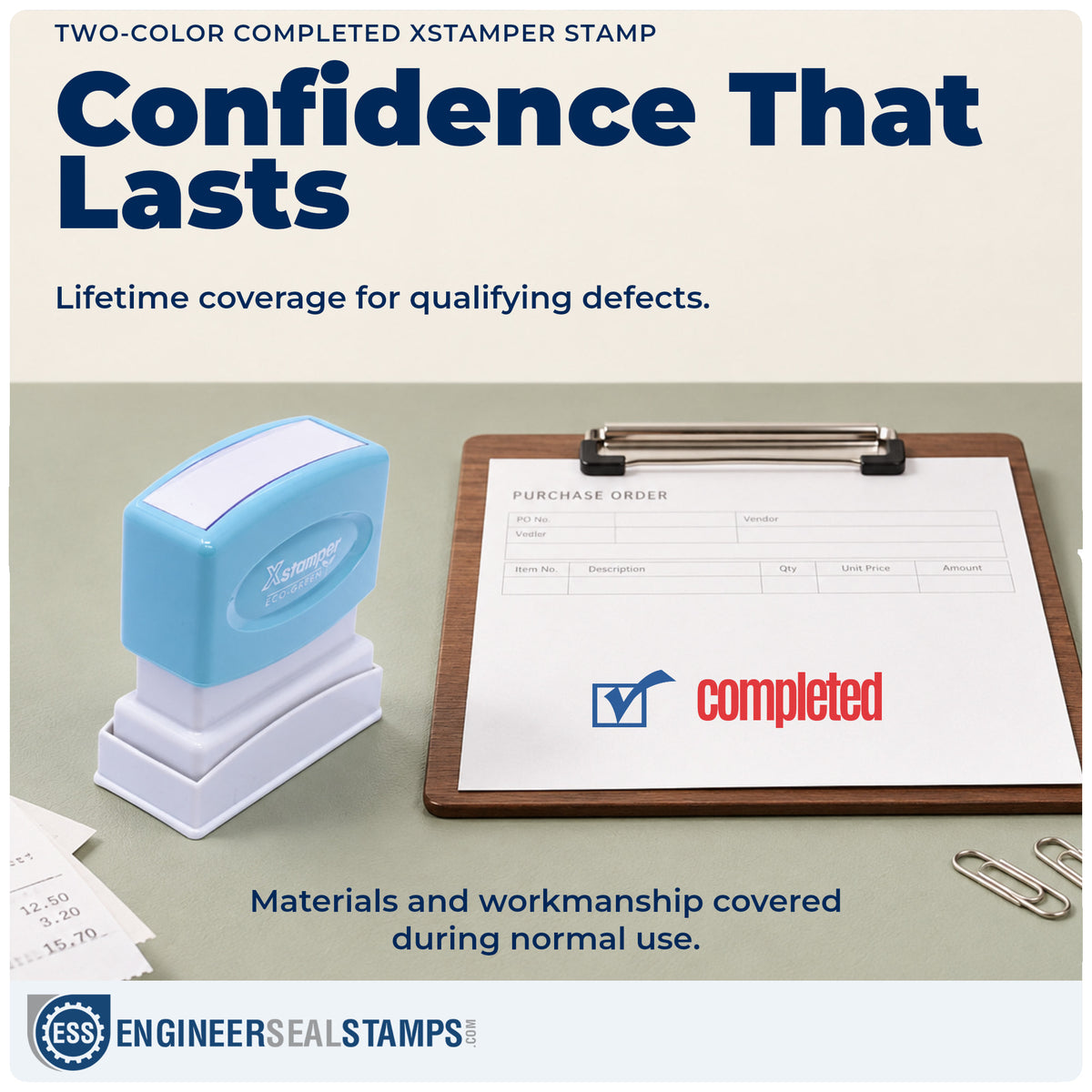 Lifetime guarantee coverage on the "Completed" Xstamper pre-inked stamp