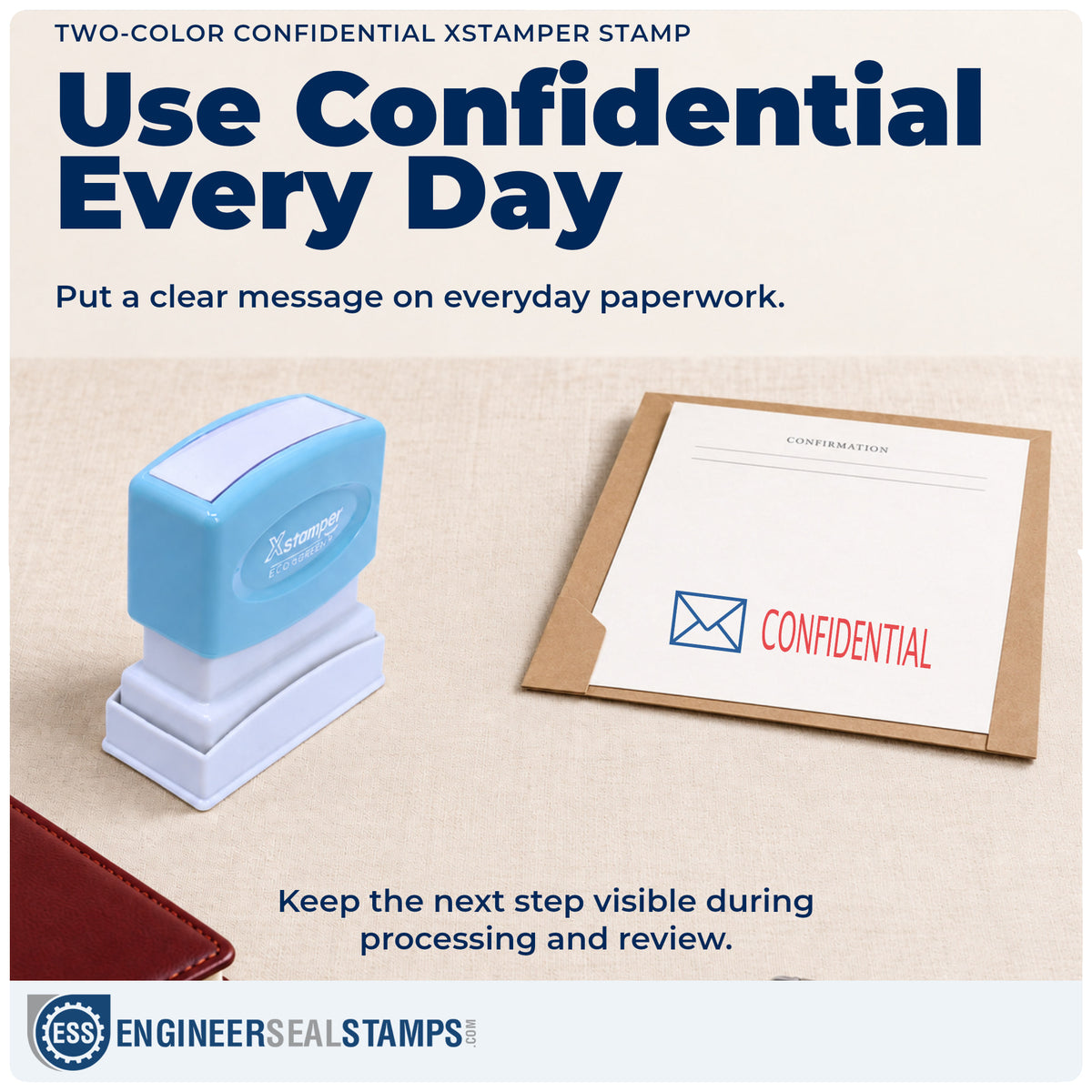 "Confidential" stamp being pressed onto a document during everyday filing