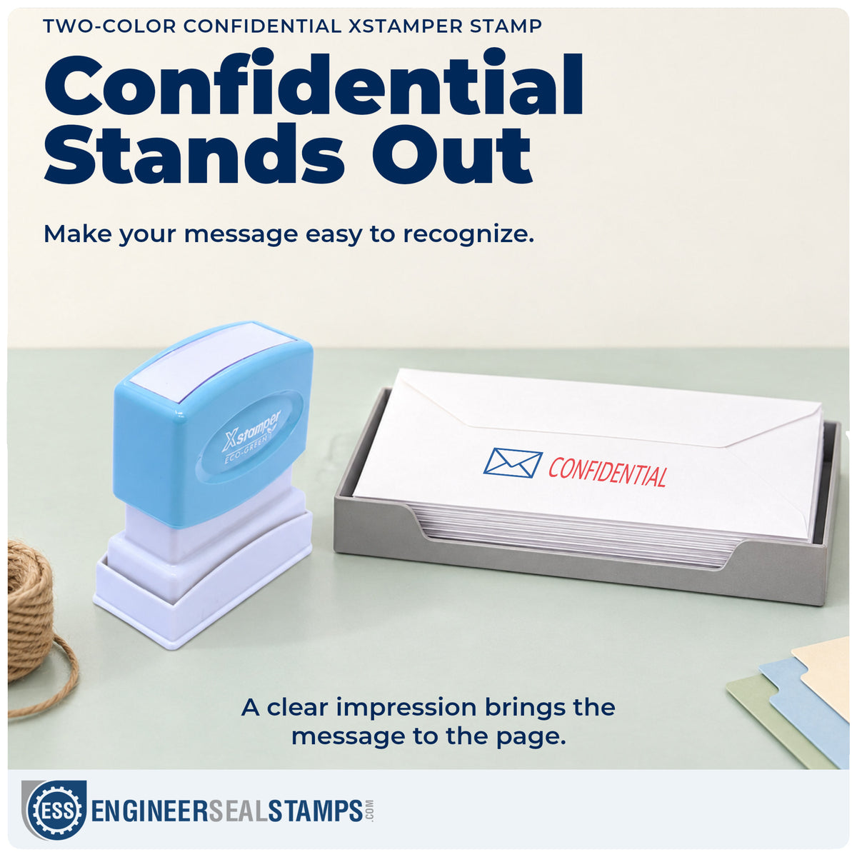 "Confidential" imprint on office paperwork beside the Xstamper Confidential File Stamp – Two-Color Pre-Inked