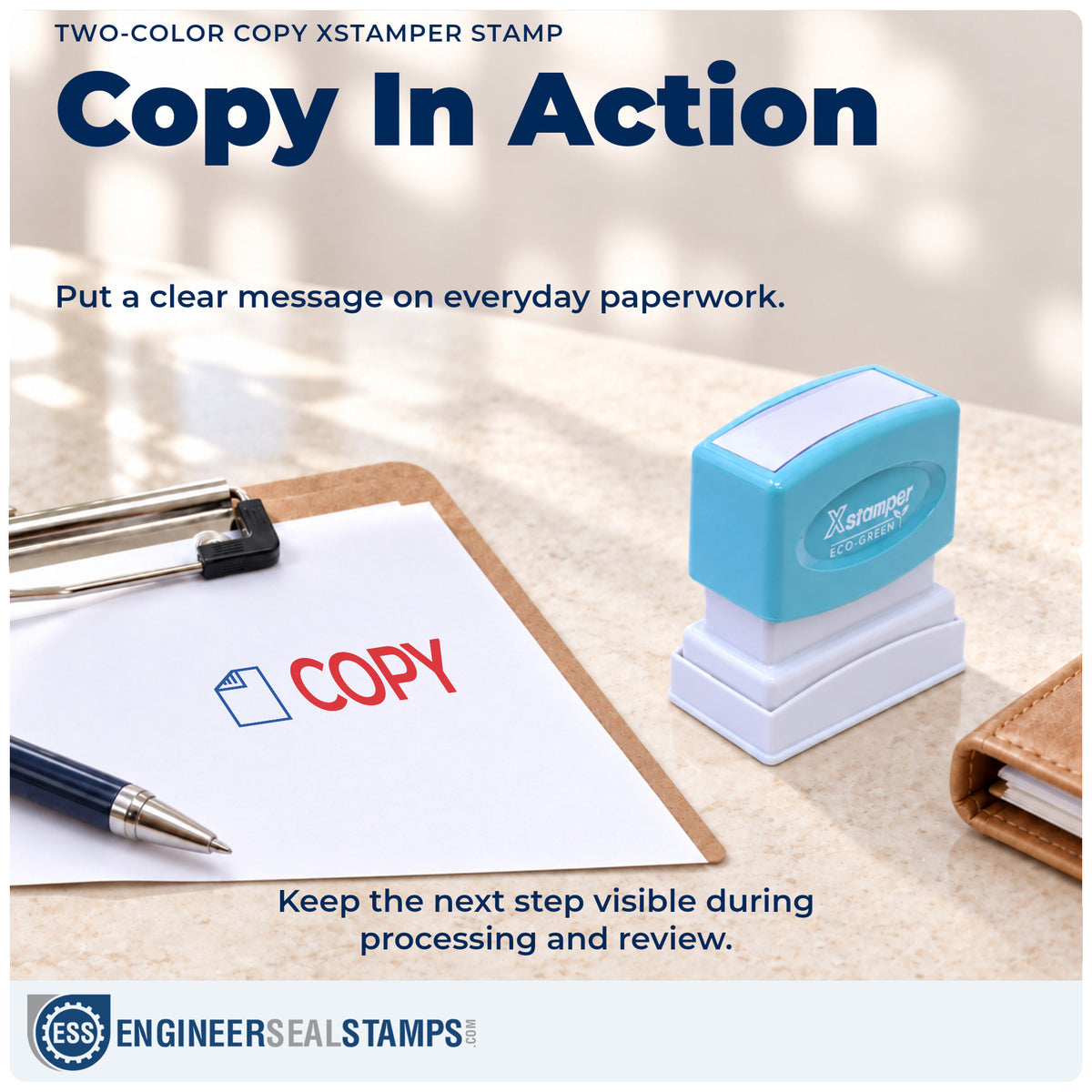 "Copy" stamp being pressed onto a document during everyday filing