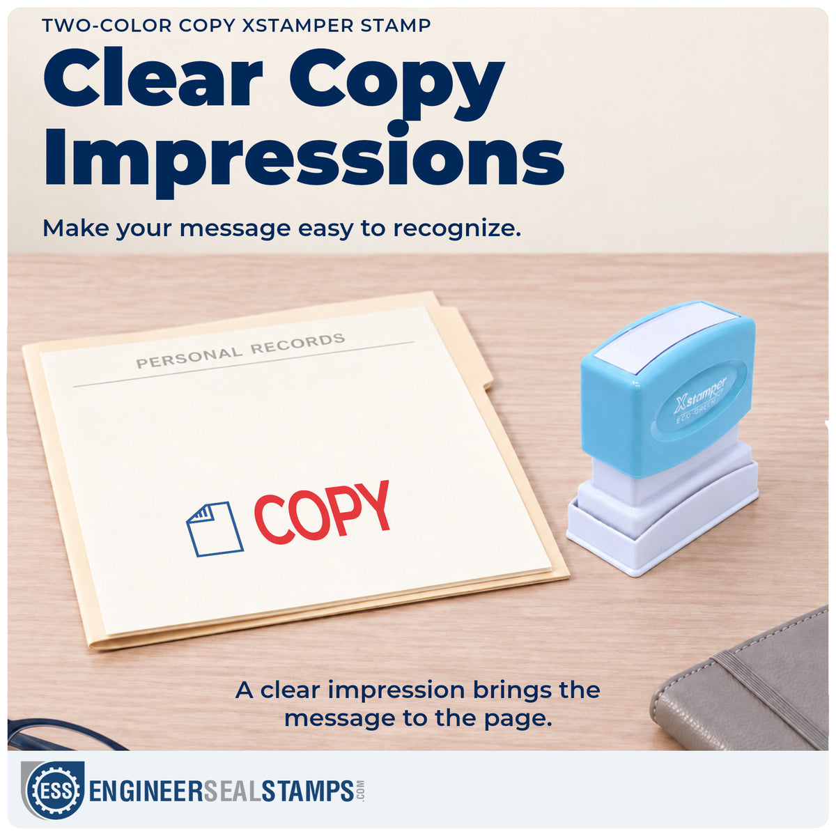 "Copy" imprint on office paperwork beside the Two-Color Copy Document Stamp – Pre-Inked Xstamper