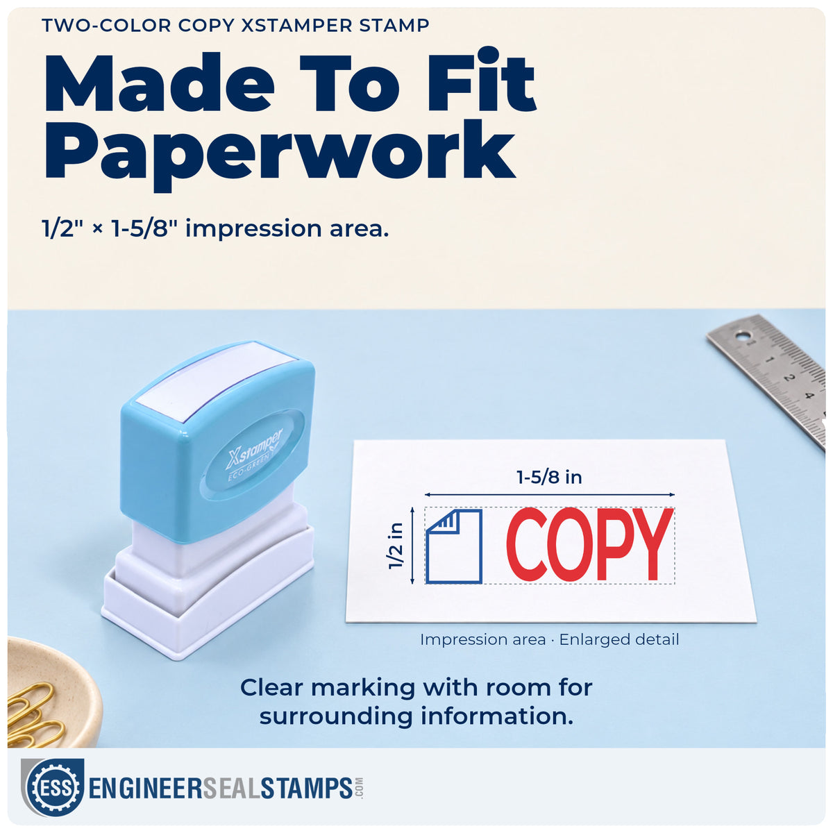 Impression size guide: the "Copy" imprint measures Approximately 1/2 in tall x 1-5/8 in wide