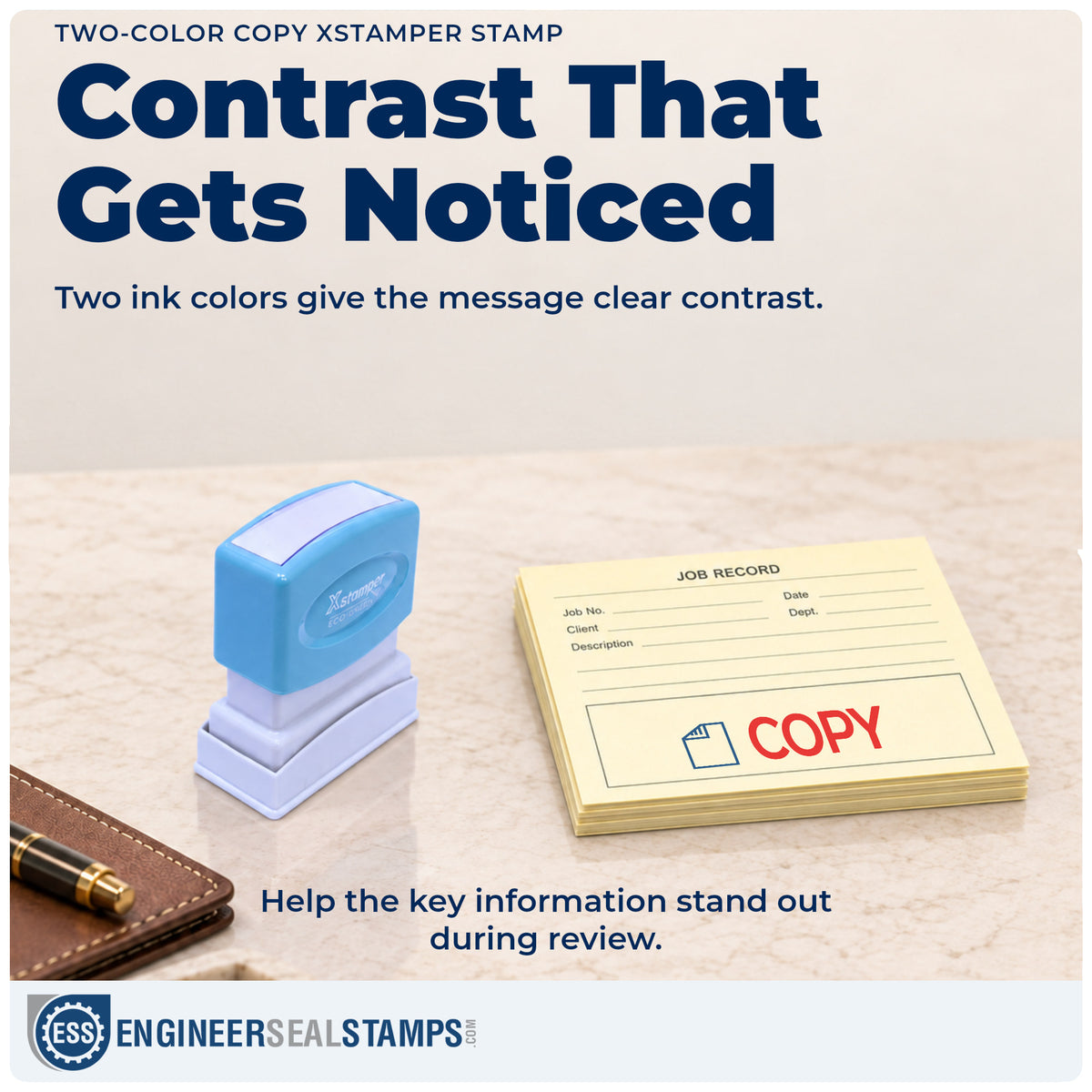 Features of the "Copy" Xstamper No. 2022 pre-inked stamp