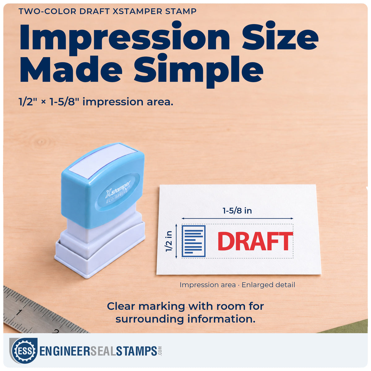 Impression size guide: the "Draft" imprint measures 1/2 x 1-5/8 in
